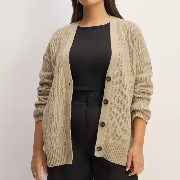 Everlane The Cotton Honeycomb V Neck Cardigan Trench Coat Khaki Size Medium NWOT