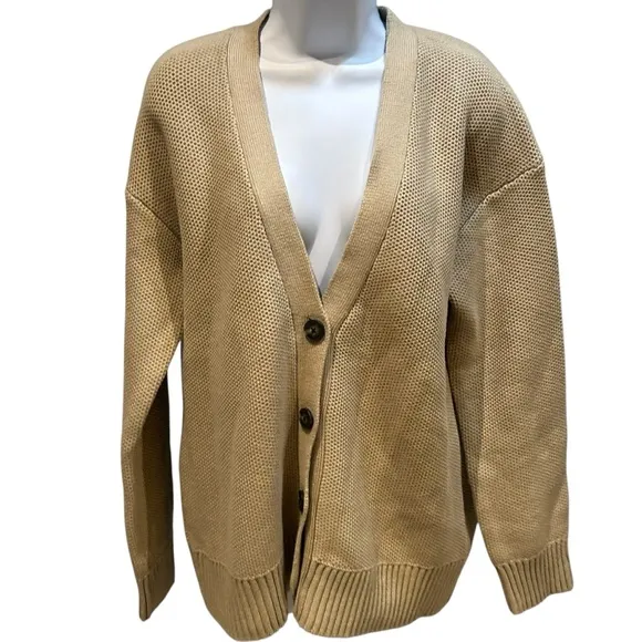 Everlane The Cotton Honeycomb V Neck Cardigan Trench Coat Khaki Size Medium NWOT