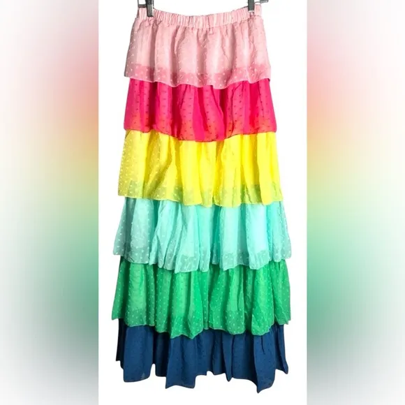 FAERIESTY Multi Color Tiered Ruffle Swiss Dot Maxi Skirt Sz M