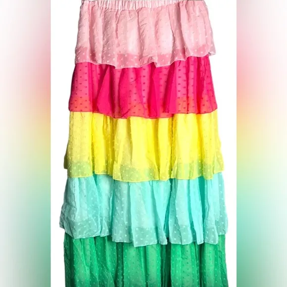 FAERIESTY Multi Color Tiered Ruffle Swiss Dot Maxi Skirt Sz M