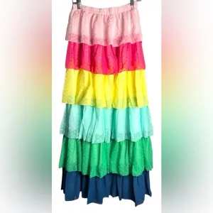 FAERIESTY Multi Color Tiered Ruffle Swiss Dot Maxi Skirt Sz M