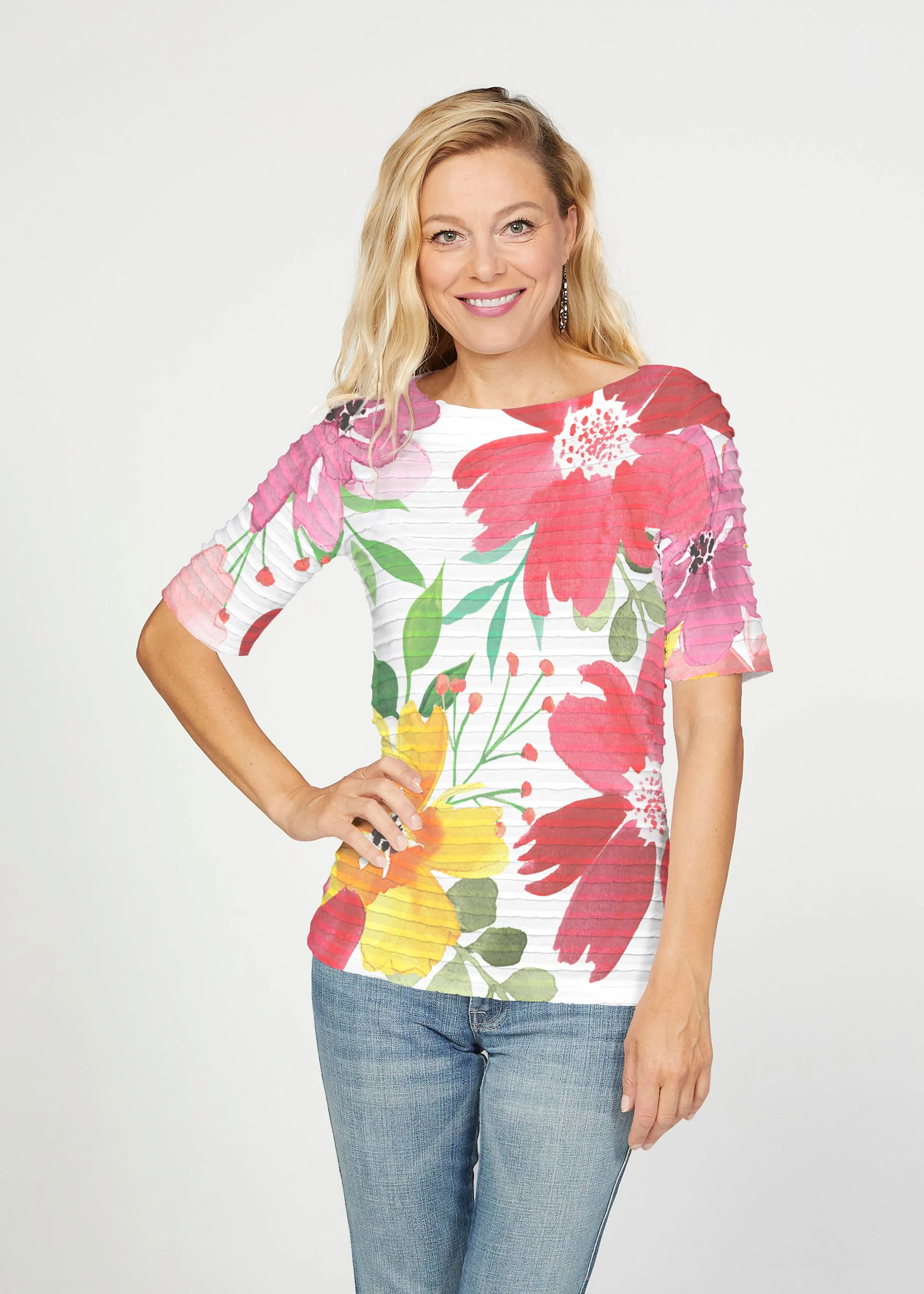 Festive Bloom (8154) ~ Banded Elbow Sleeve Boat Neck Top
