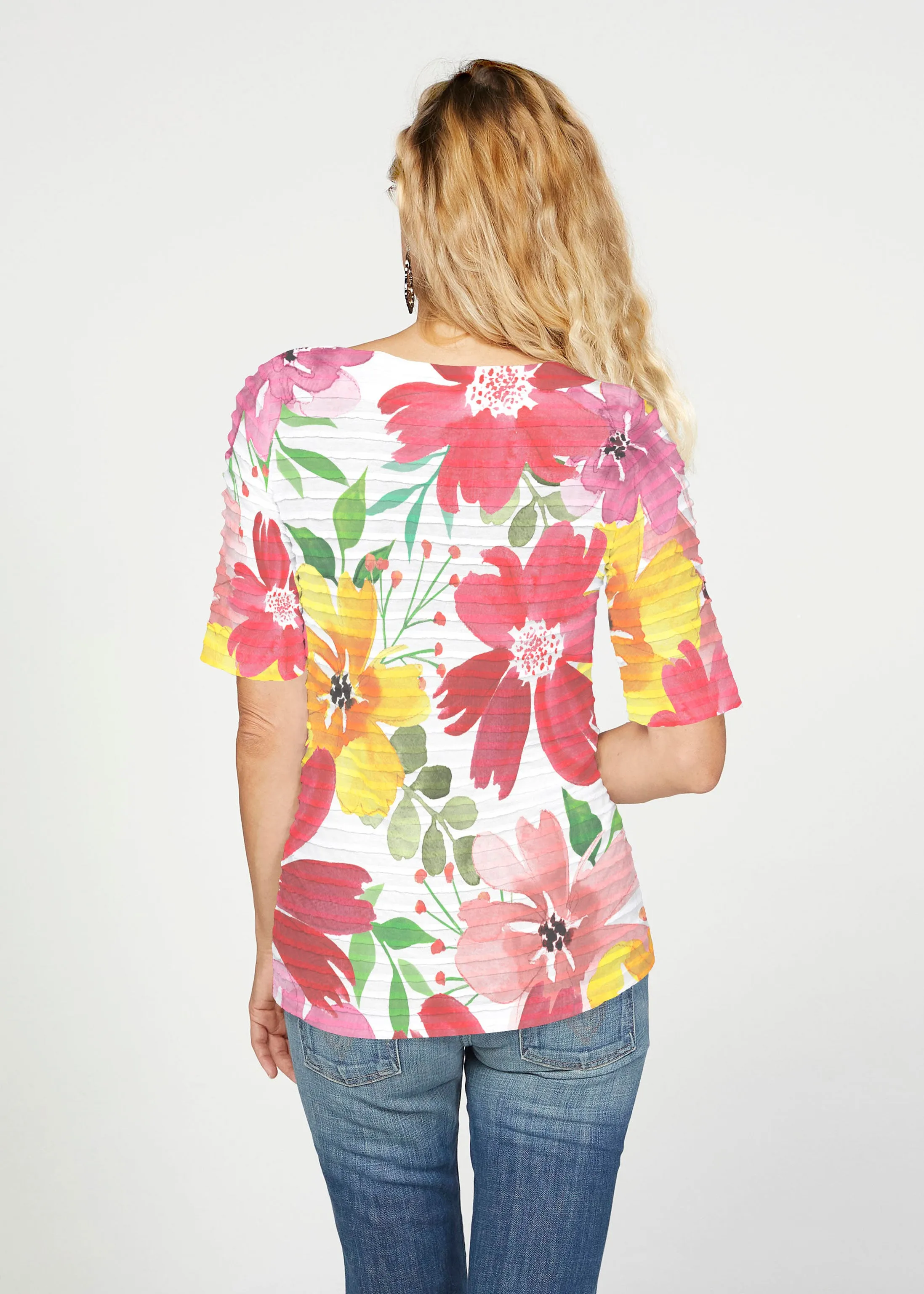 Festive Bloom (8154) ~ Banded Elbow Sleeve Boat Neck Top