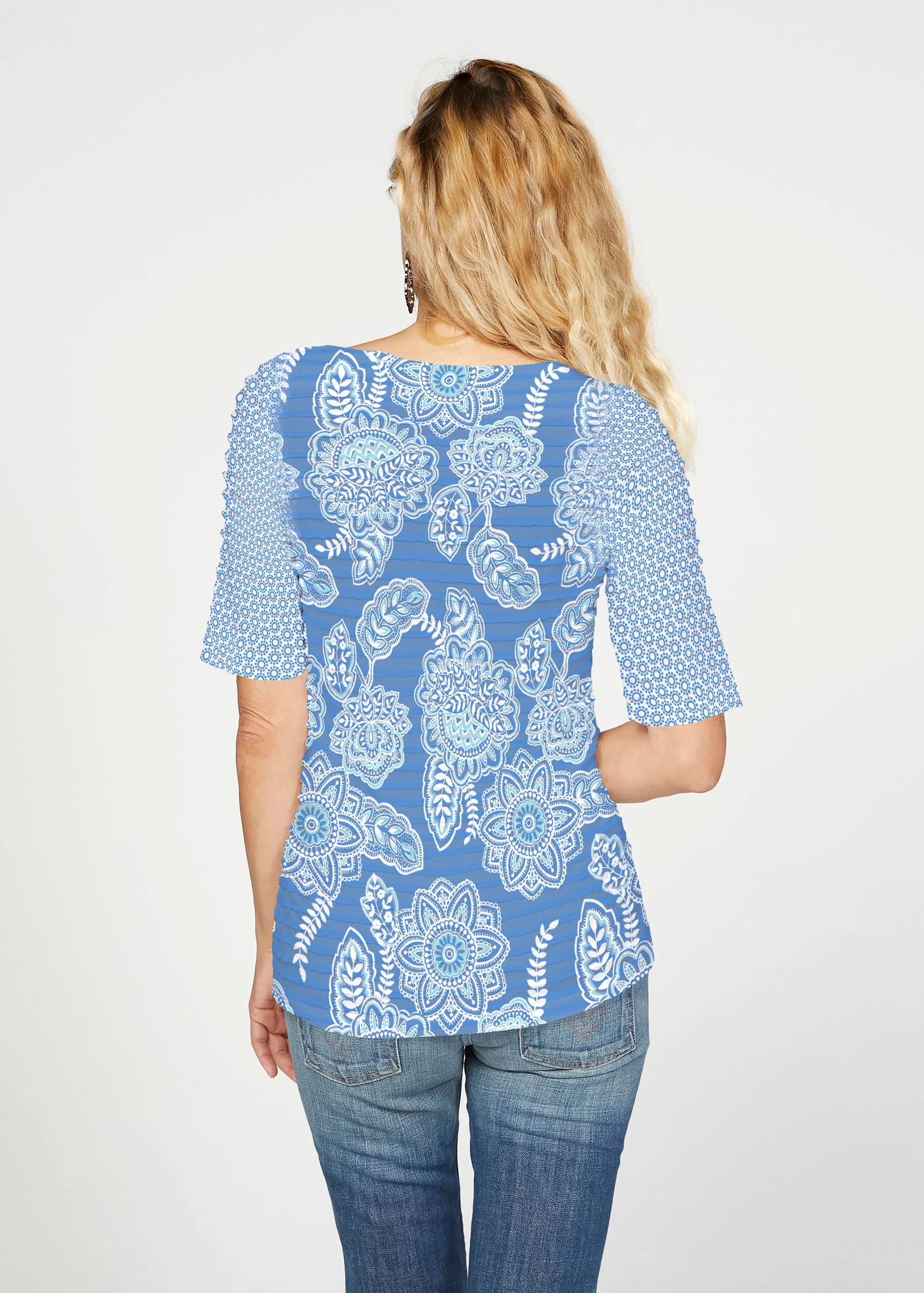 Floral Sunshine (13533) ~ Banded Elbow Sleeve Boat Neck Top