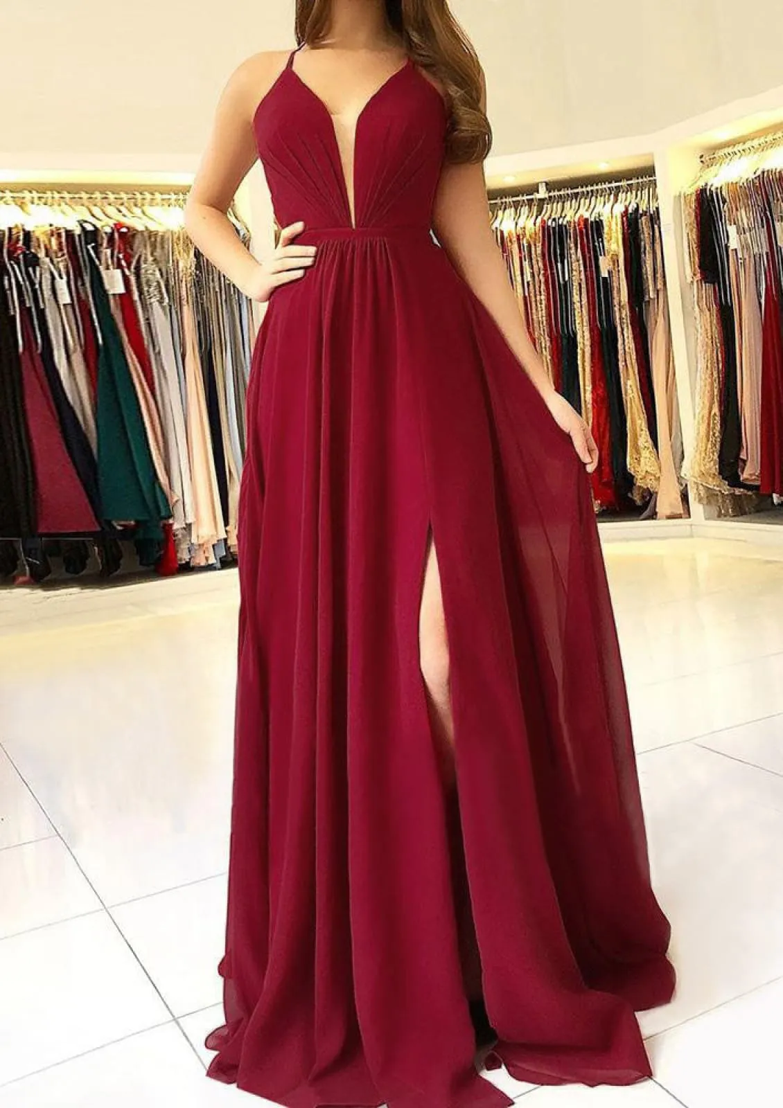 Formal Plunging Sleeveless Open Back Floor-length A-line Split Chiffon Prom Dress