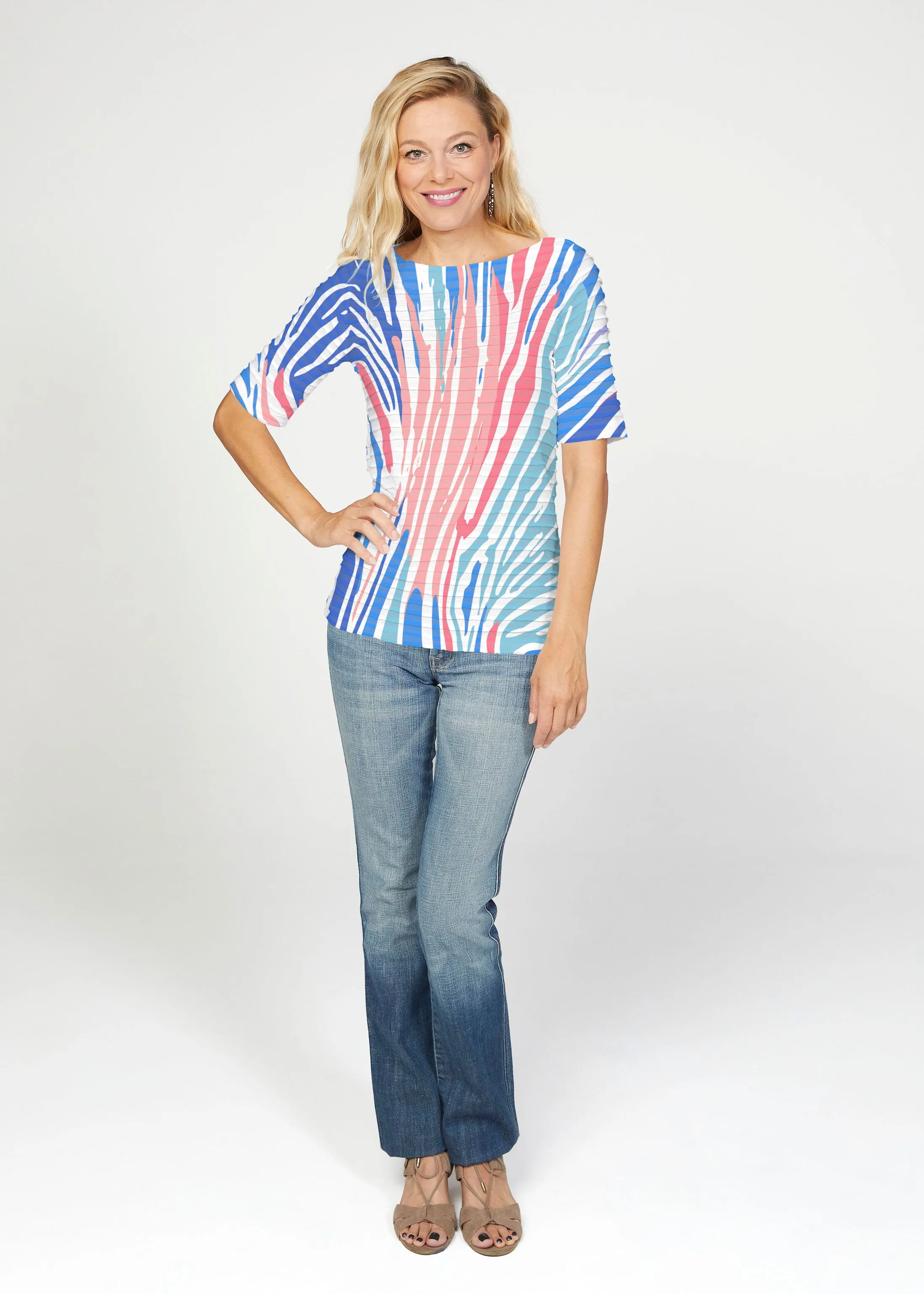 Fruity Stripes (14272) ~ Banded Elbow Sleeve Boat Neck Top