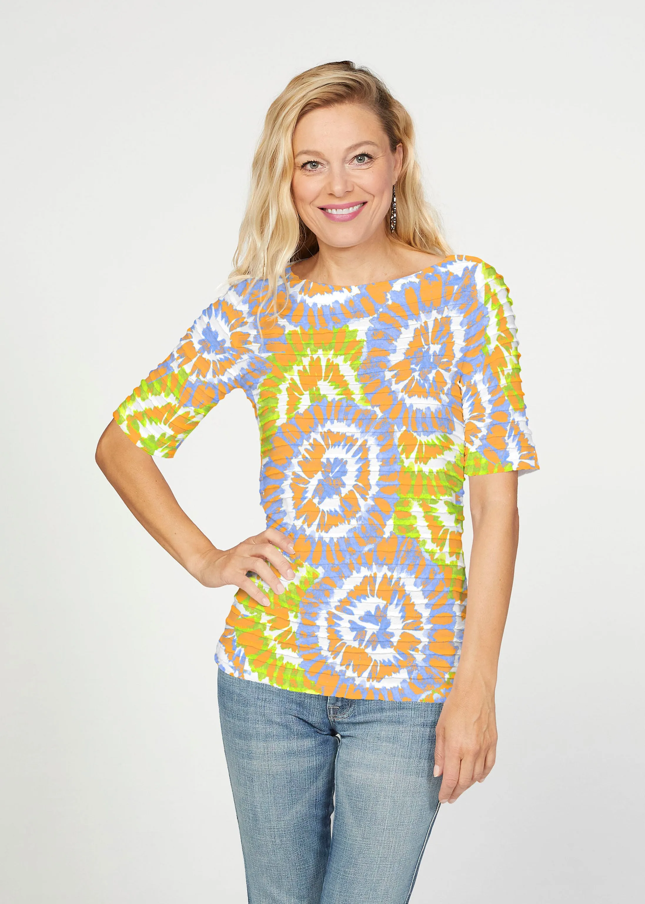 Funky Town (17277) ~ Banded Elbow Sleeve Boat Neck Top