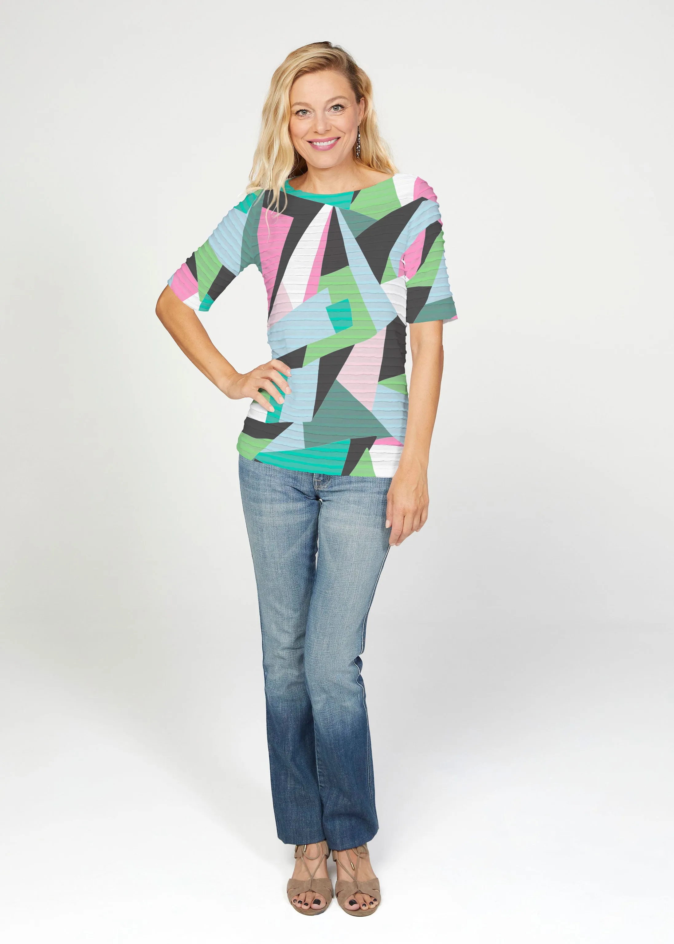 Gems (14314) ~ Banded Elbow Sleeve Boat Neck Top