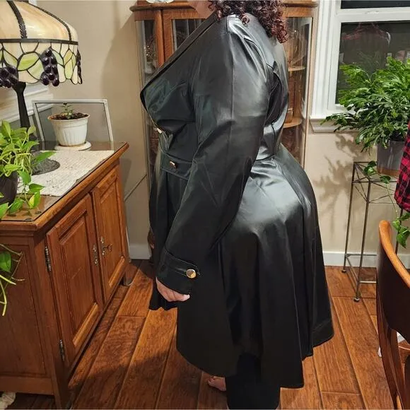 Goth military vegan leather gold detail French trench coat plus size 1X