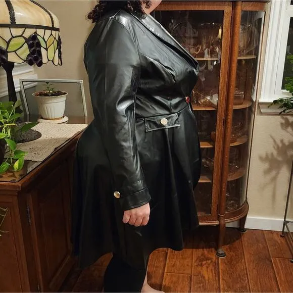 Goth military vegan leather gold detail French trench coat plus size 1X