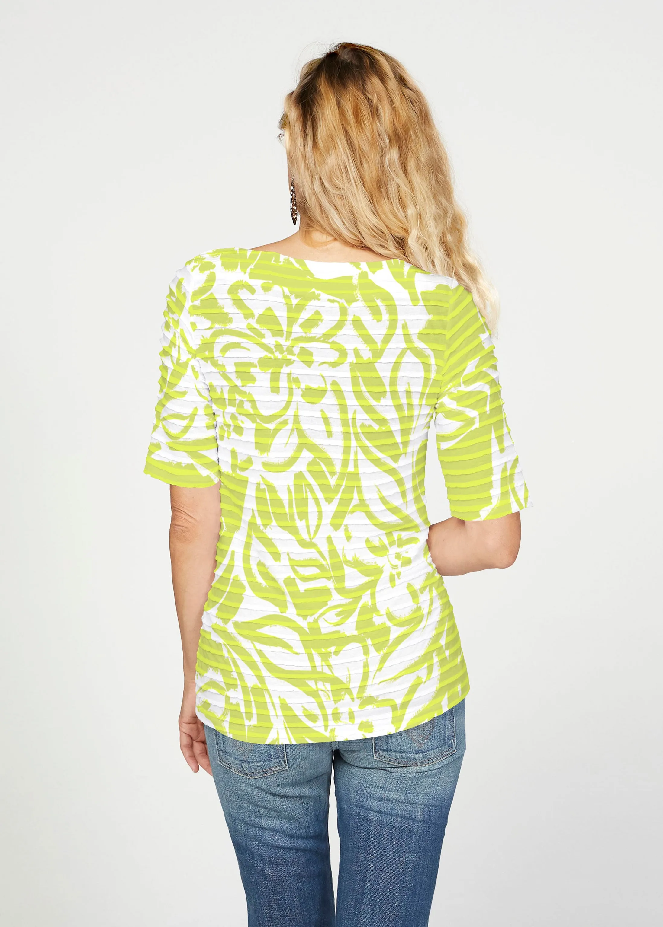 Greek Breeze Lime (8165) ~ Banded Elbow Sleeve Boat Neck Top