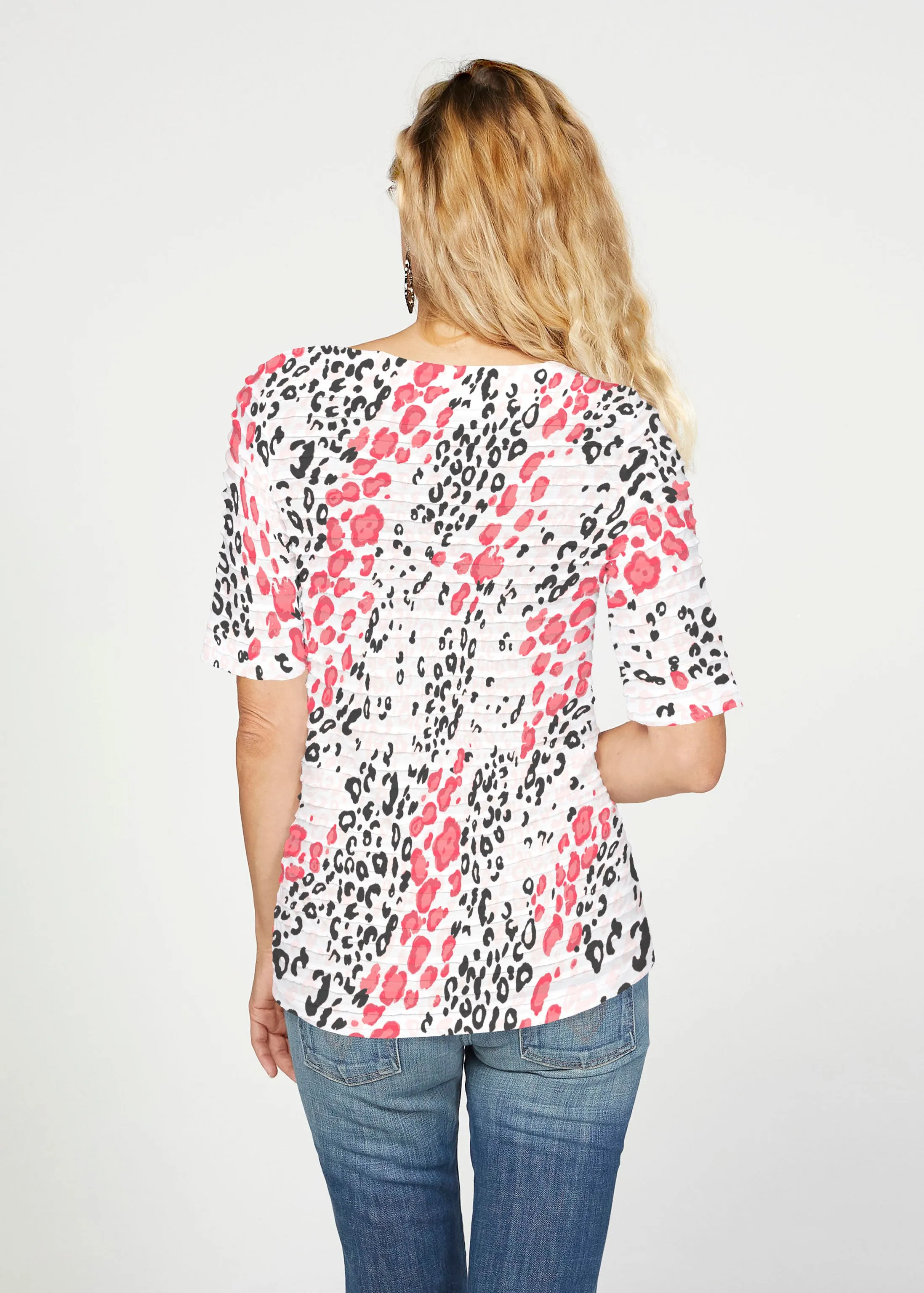 Greek Cat Pink (7903) ~ Banded Elbow Sleeve Boat Neck Top