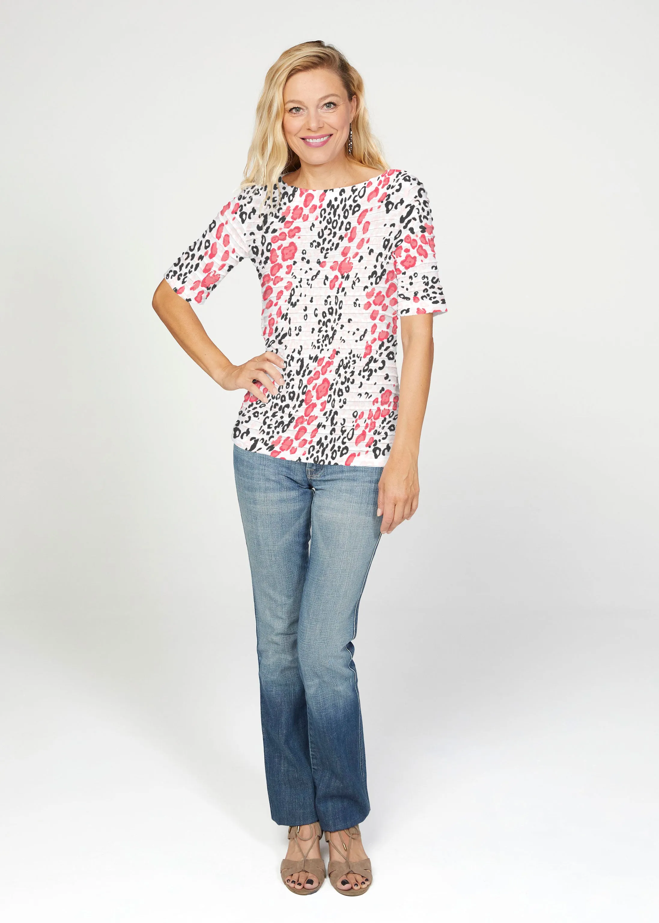 Greek Cat Pink (7903) ~ Banded Elbow Sleeve Boat Neck Top