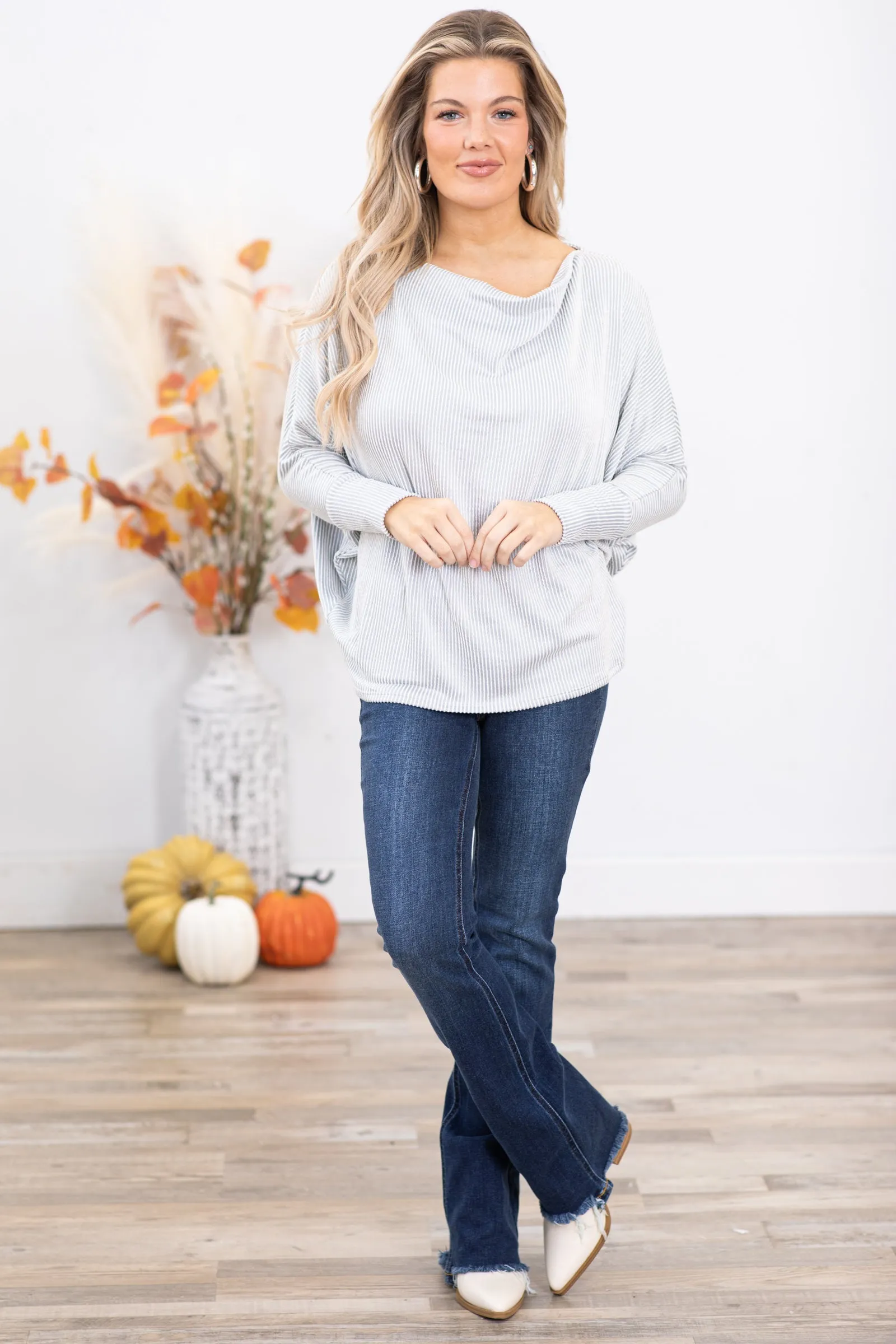 Grey Ribbed Boat Neck Dolman Sleeve Top