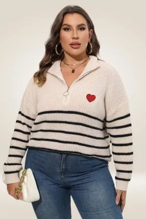 Half Zipper Collar Nude Striped Plus Size Sweater