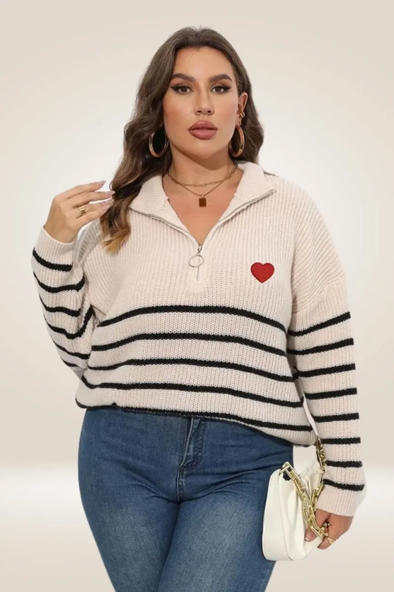 Half Zipper Collar Nude Striped Plus Size Sweater