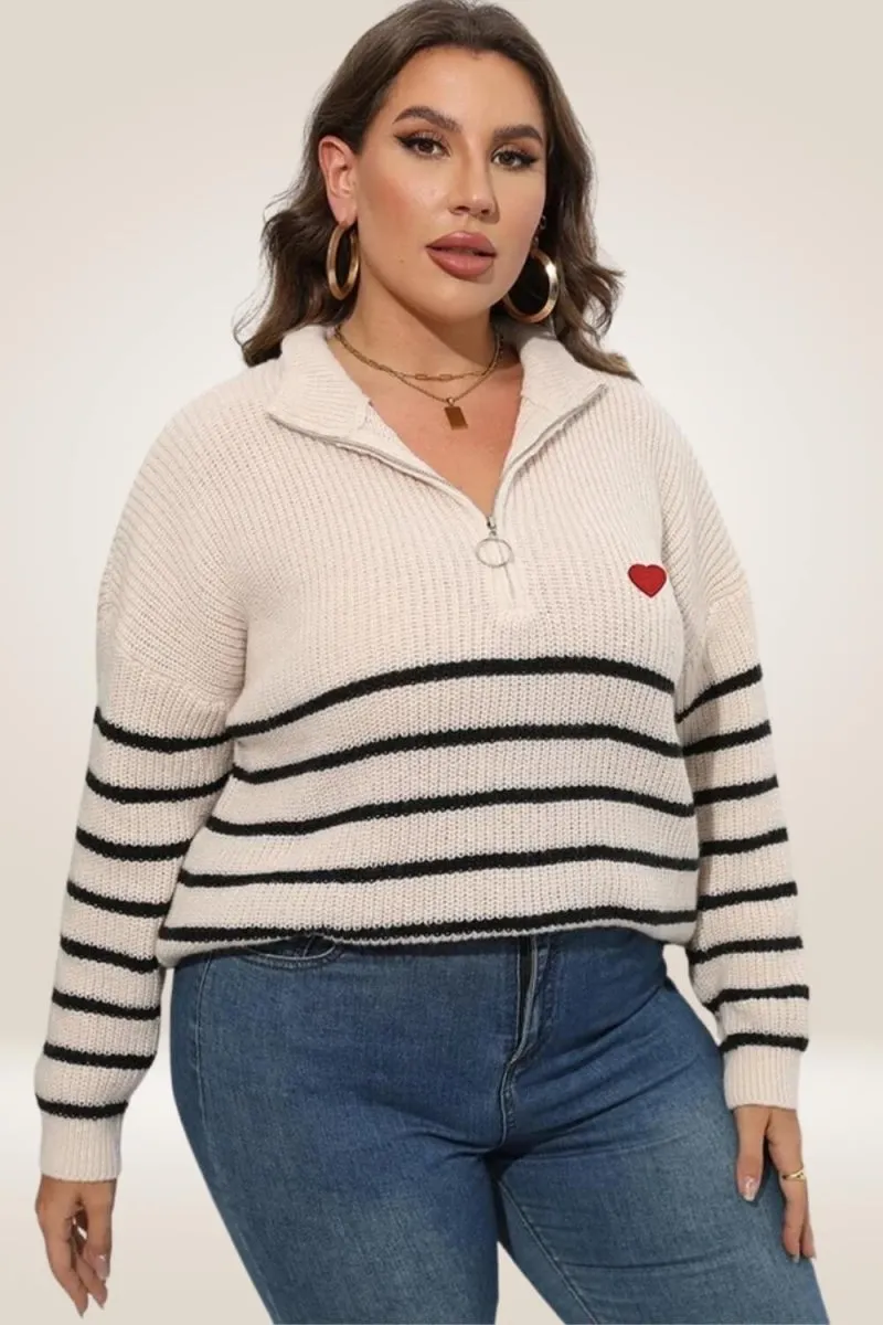 Half Zipper Collar Nude Striped Plus Size Sweater