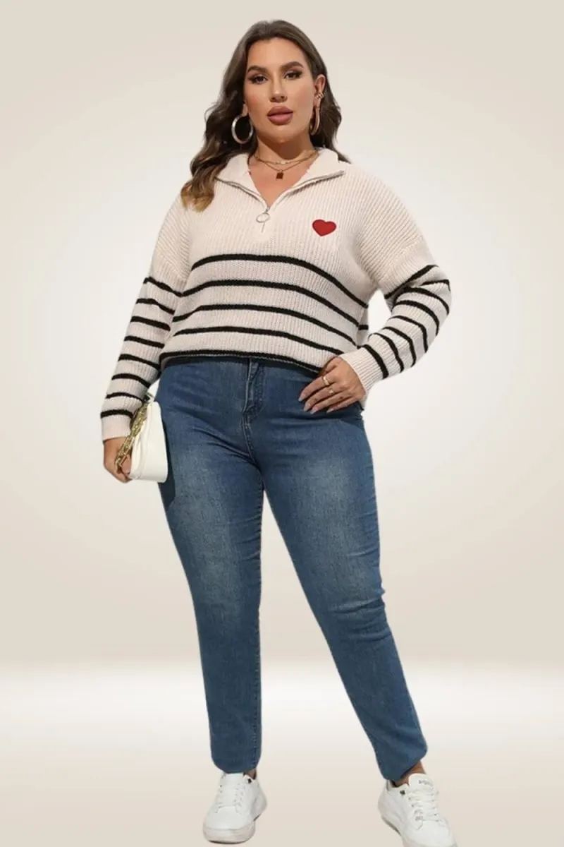 Half Zipper Collar Nude Striped Plus Size Sweater