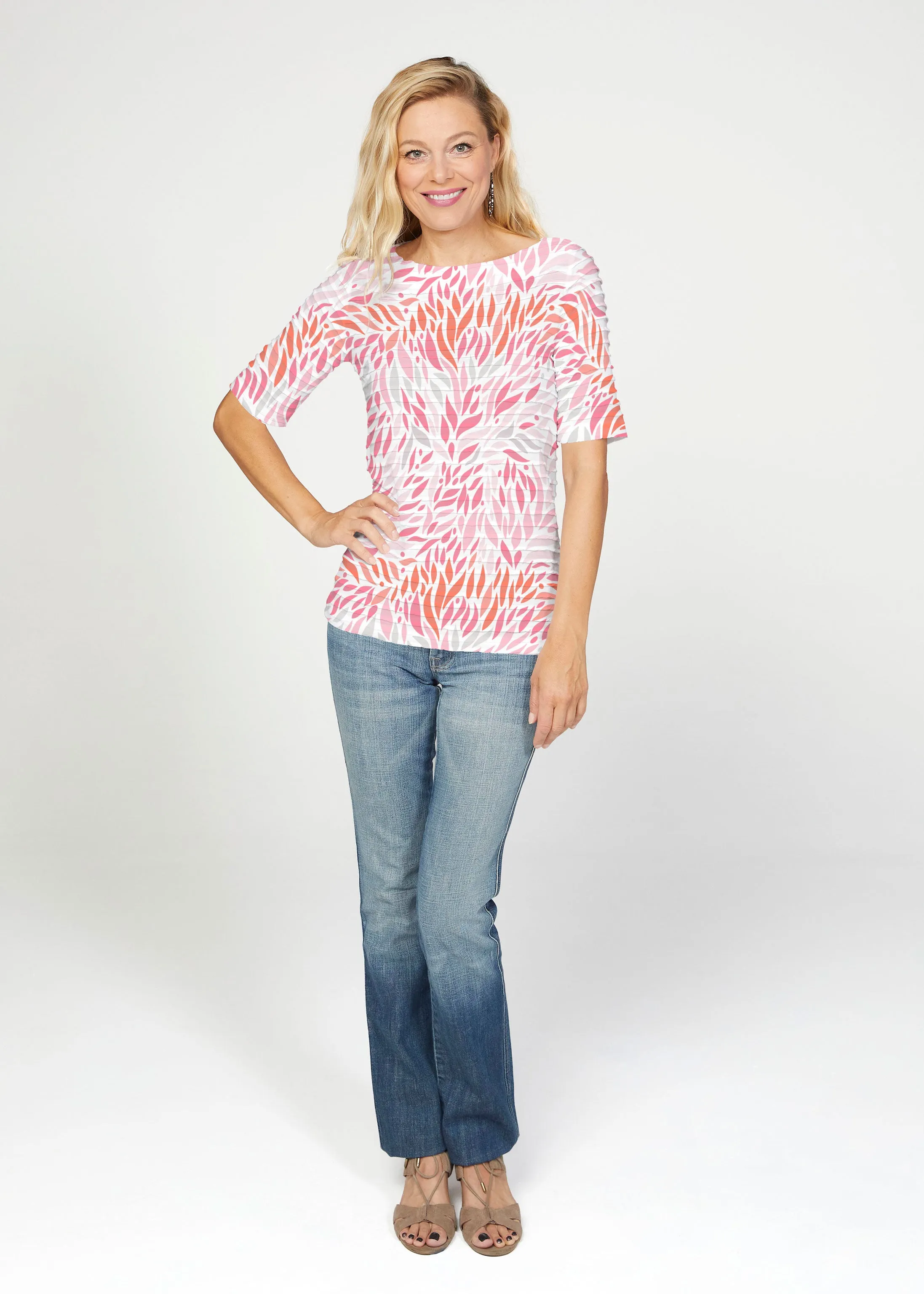 Hotsy Totsy Pink (8145) ~ Banded Elbow Sleeve Boat Neck Top