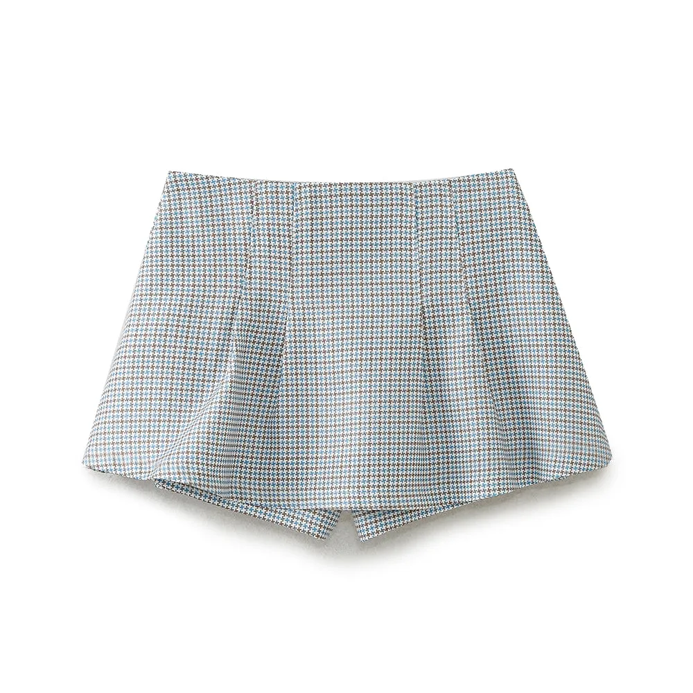 Houndstooth Long Sleeve Button Down Top and Pleated Skirt