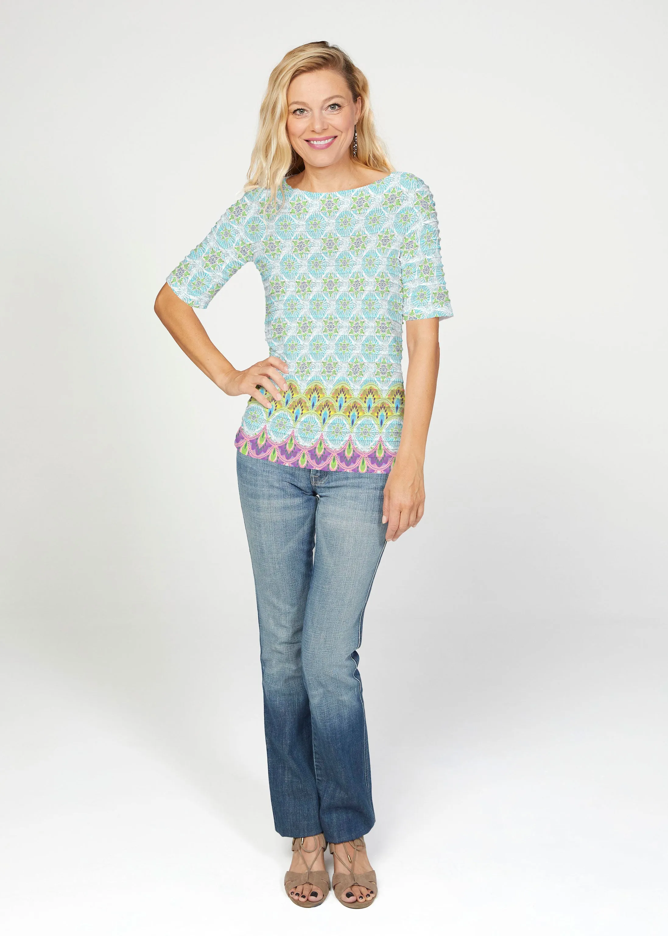 Izzy (19199) ~ Banded Elbow Sleeve Boat Neck Top