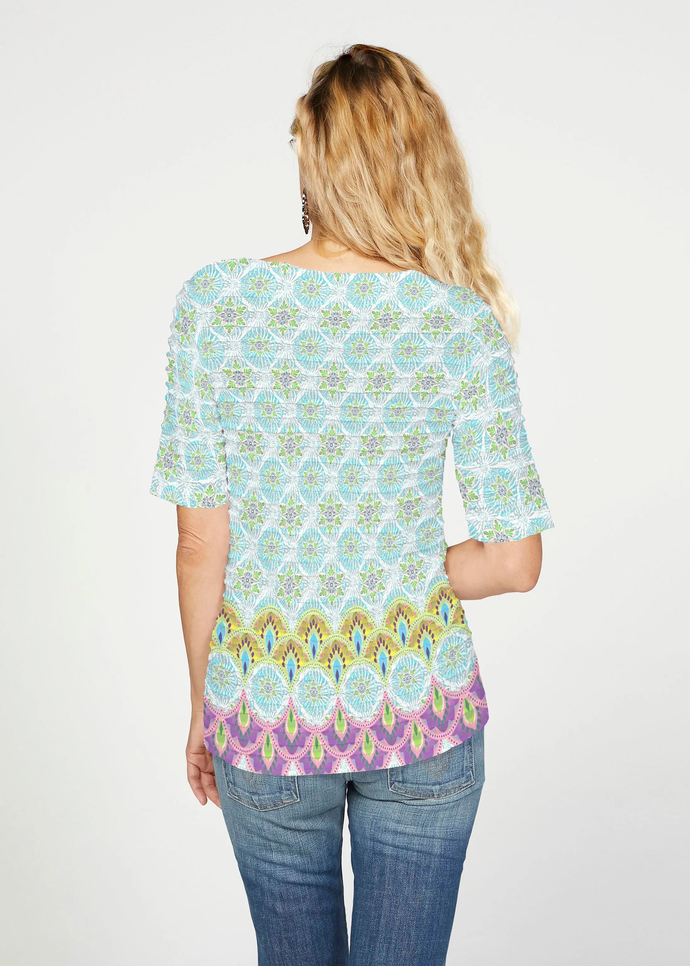 Izzy (19199) ~ Banded Elbow Sleeve Boat Neck Top