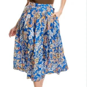 J. McLaughlin Bird Floral Blue Bronte A-line Midi Skirt