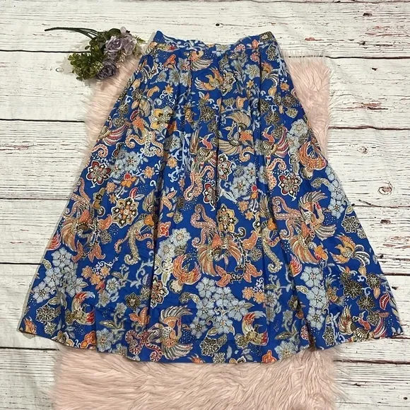 J. McLaughlin Bird Floral Blue Bronte A-line Midi Skirt