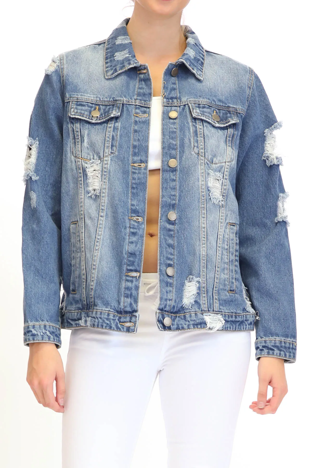 Jennie Blue Jean Destroyed Patched Denim Jacket
