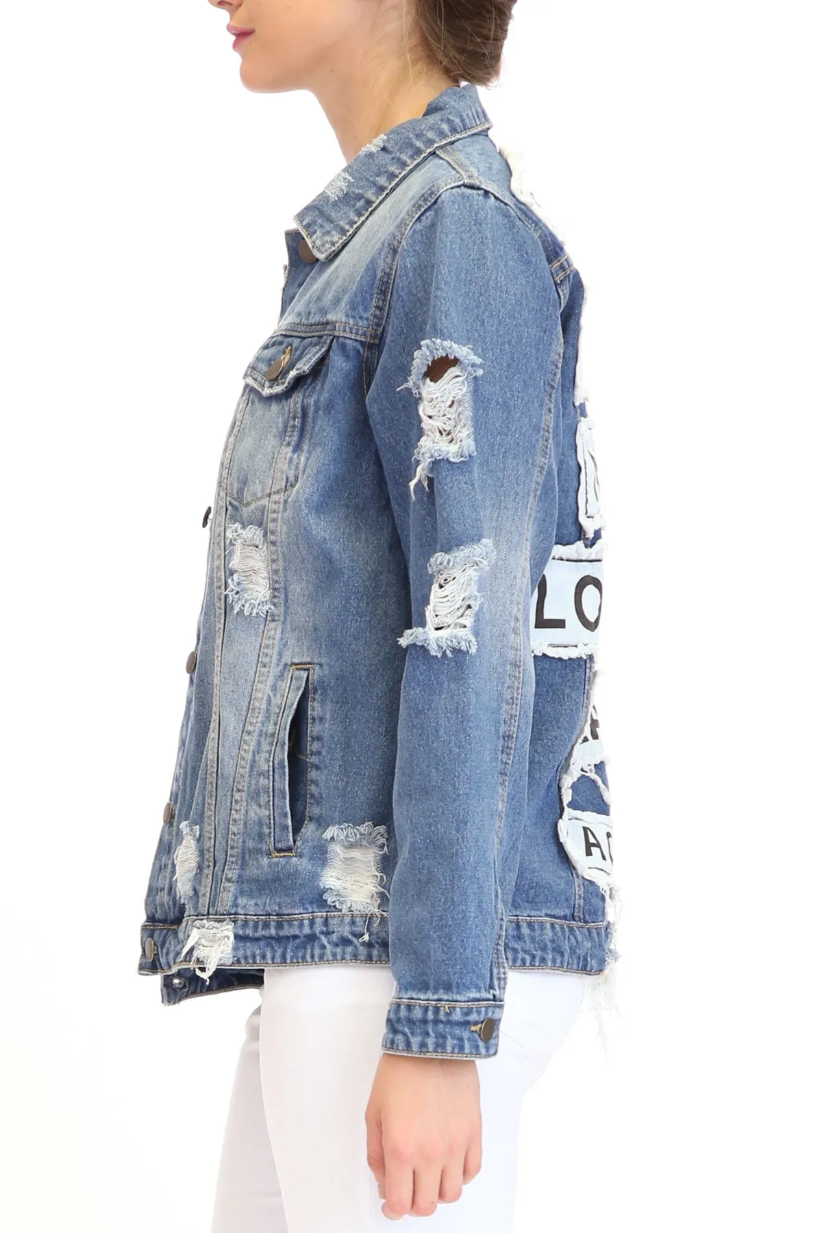 Jennie Blue Jean Destroyed Patched Denim Jacket