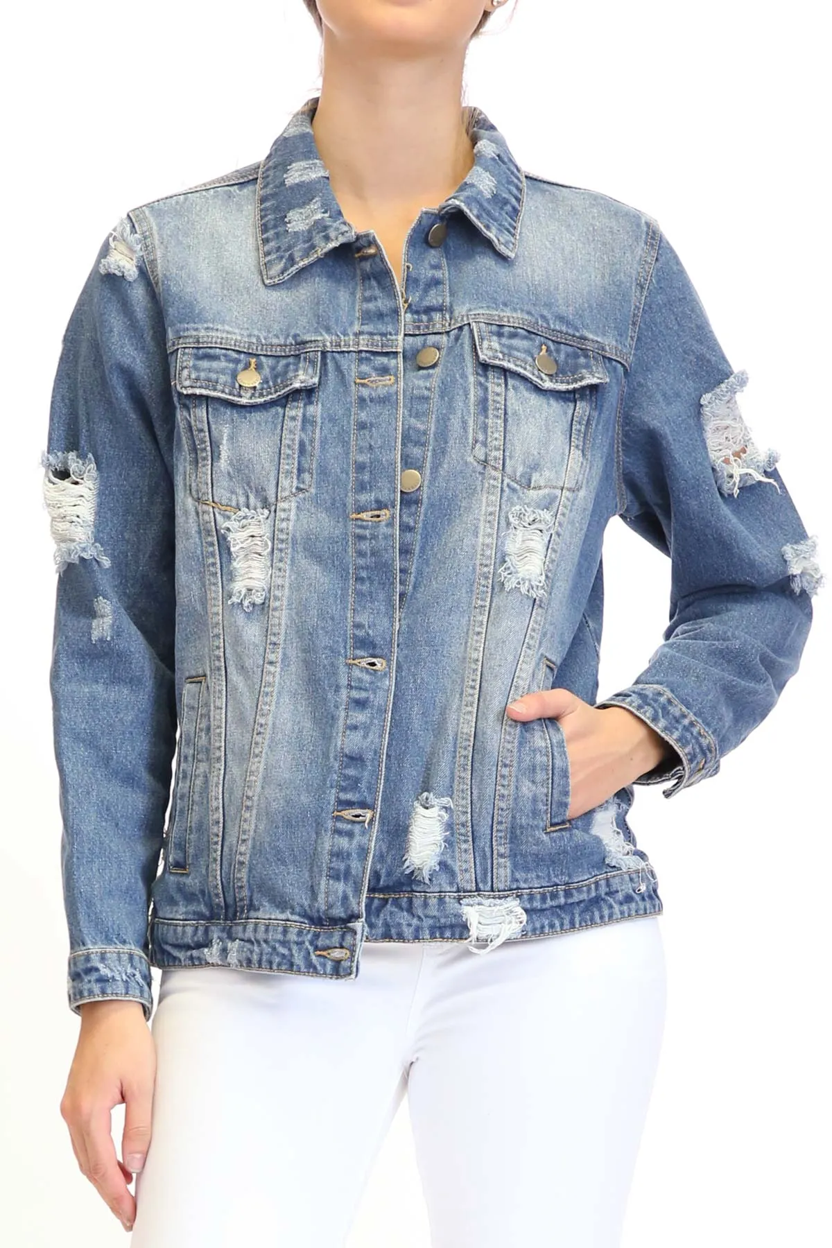 Jennie Blue Jean Destroyed Patched Denim Jacket
