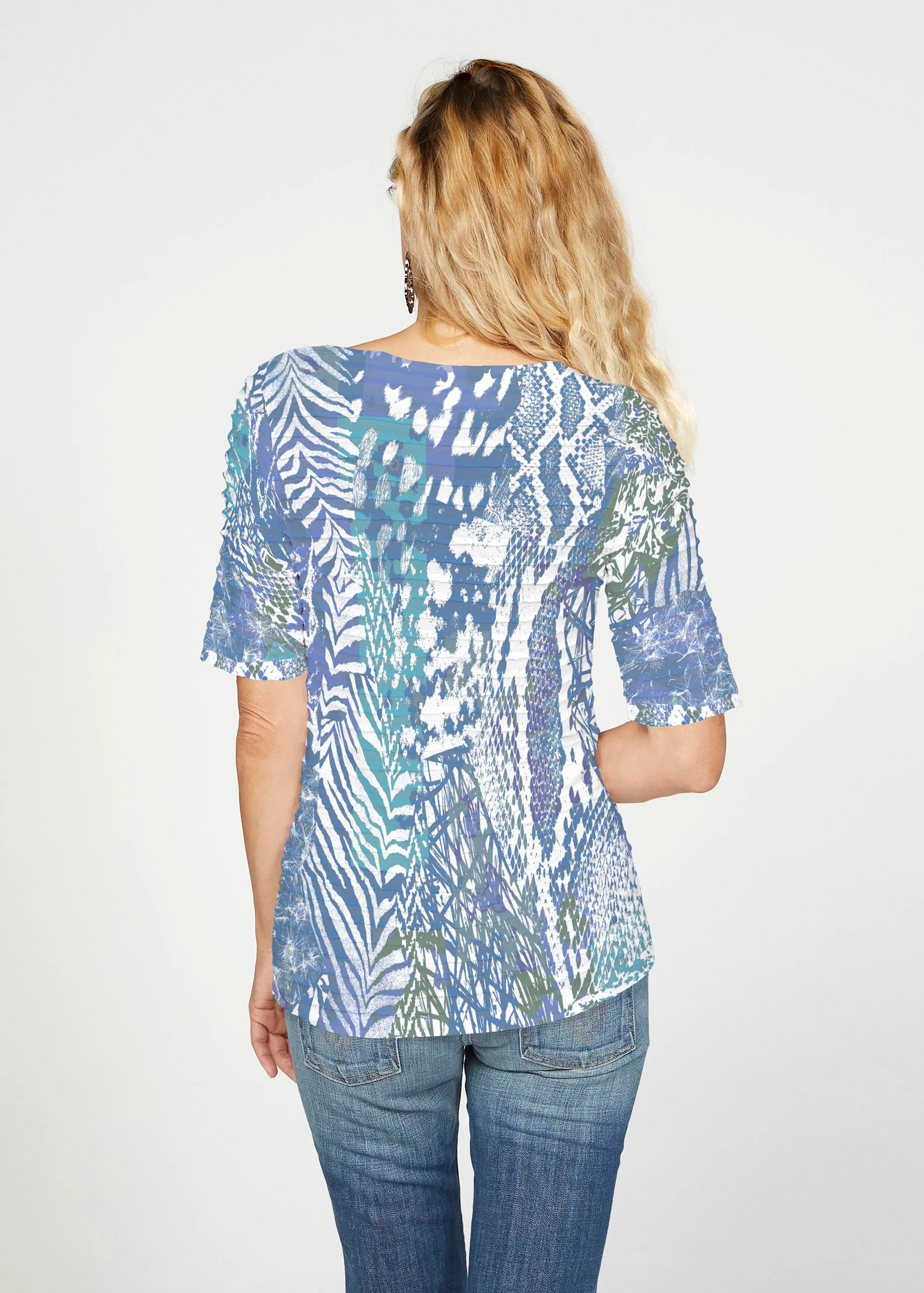 Jungle Warrior Blue (7850) ~ Banded Elbow Sleeve Boat Neck Top