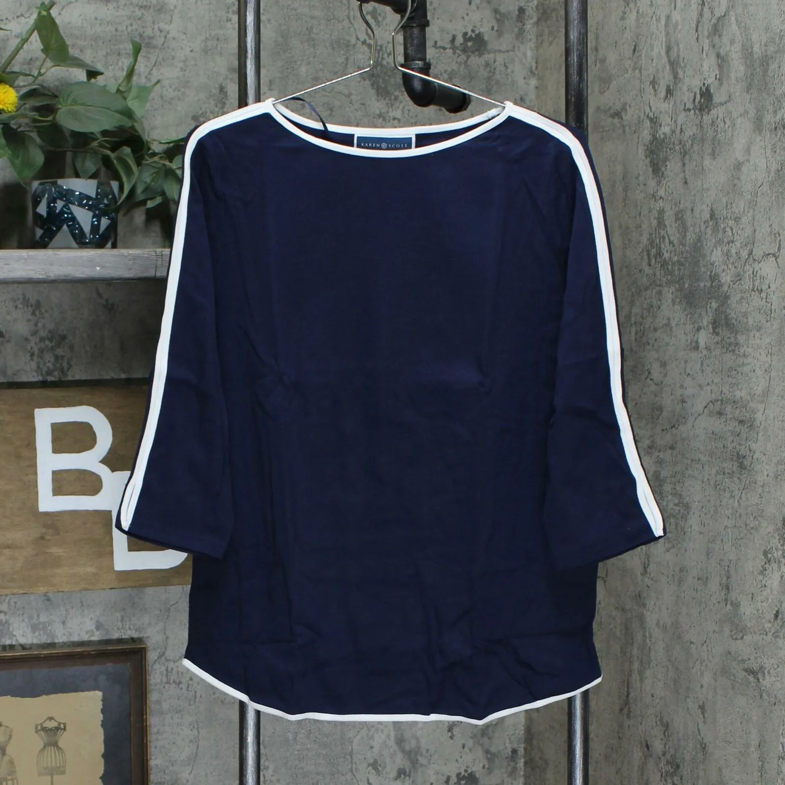 Karen Scott Petite Piped 3/4 Sleeve Boat Neck Knit Top