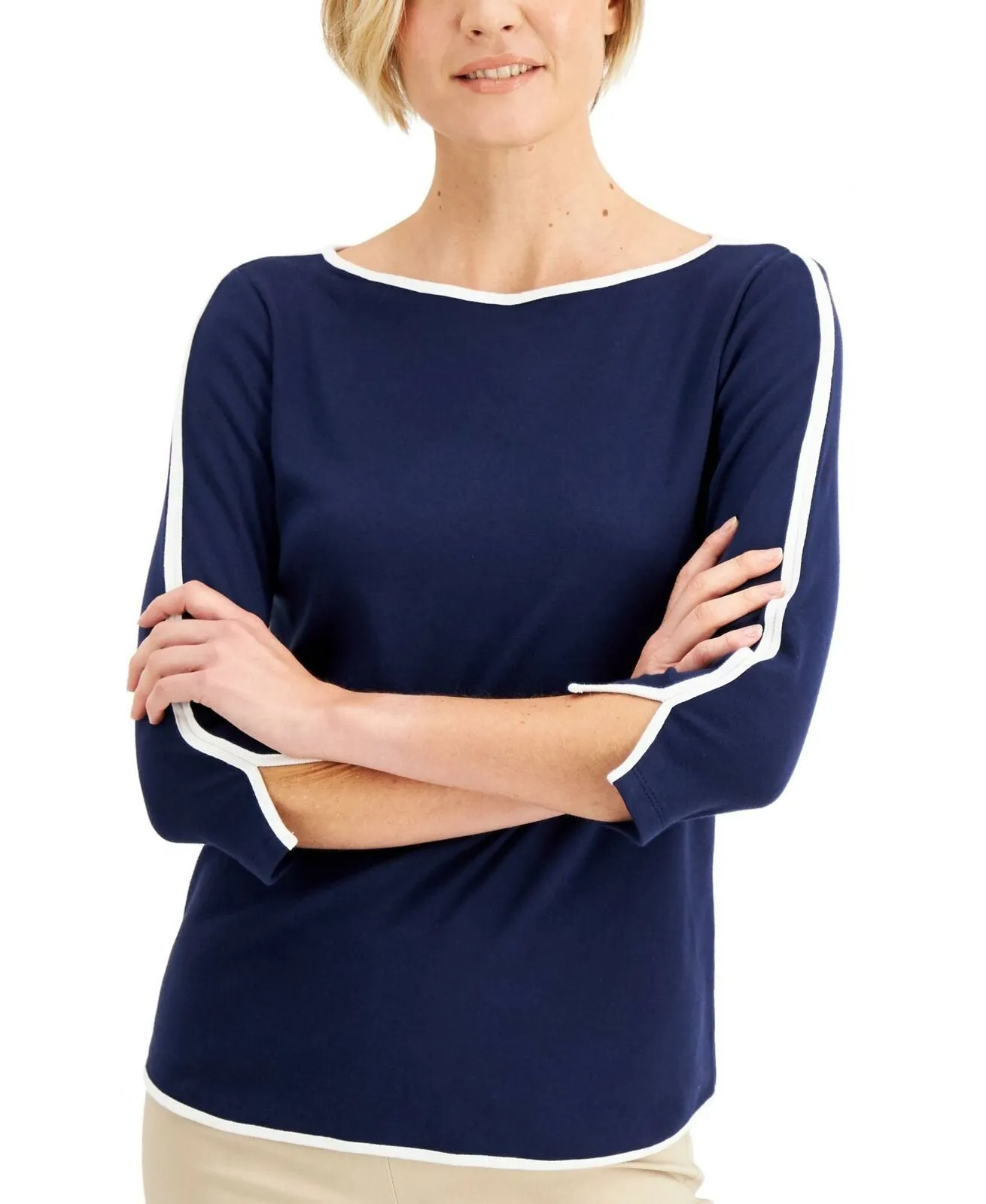 Karen Scott Petite Piped 3/4 Sleeve Boat Neck Knit Top