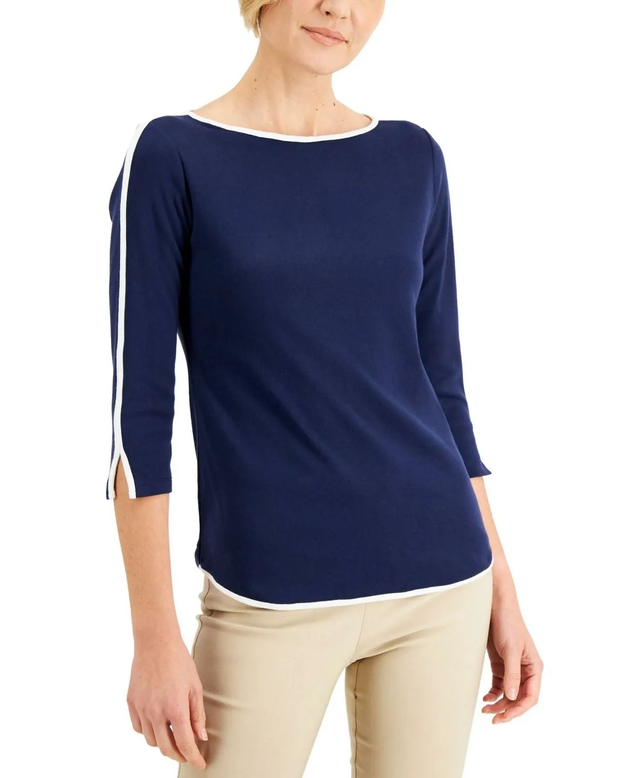 Karen Scott Petite Piped 3/4 Sleeve Boat Neck Knit Top