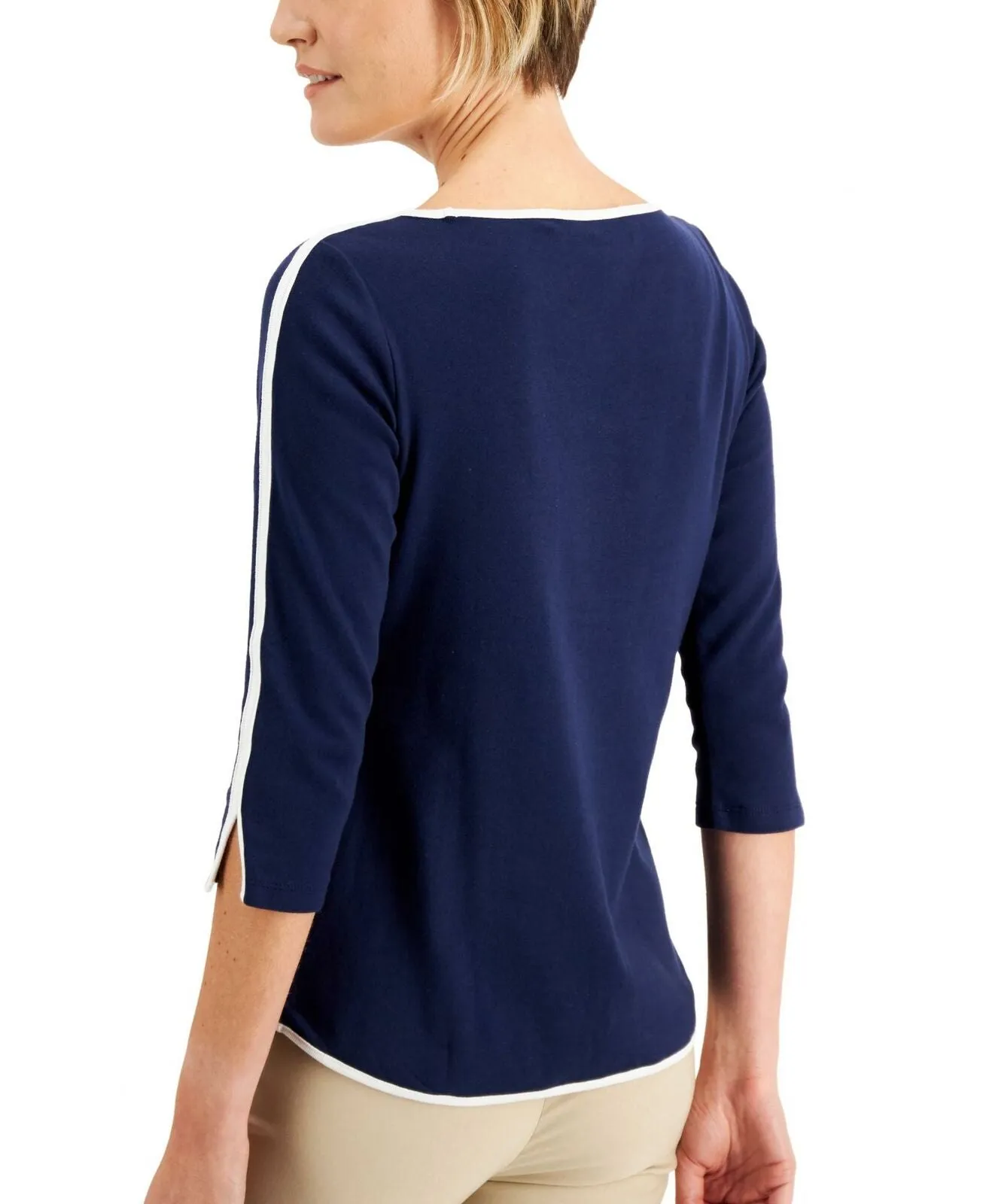 Karen Scott Petite Piped 3/4 Sleeve Boat Neck Knit Top