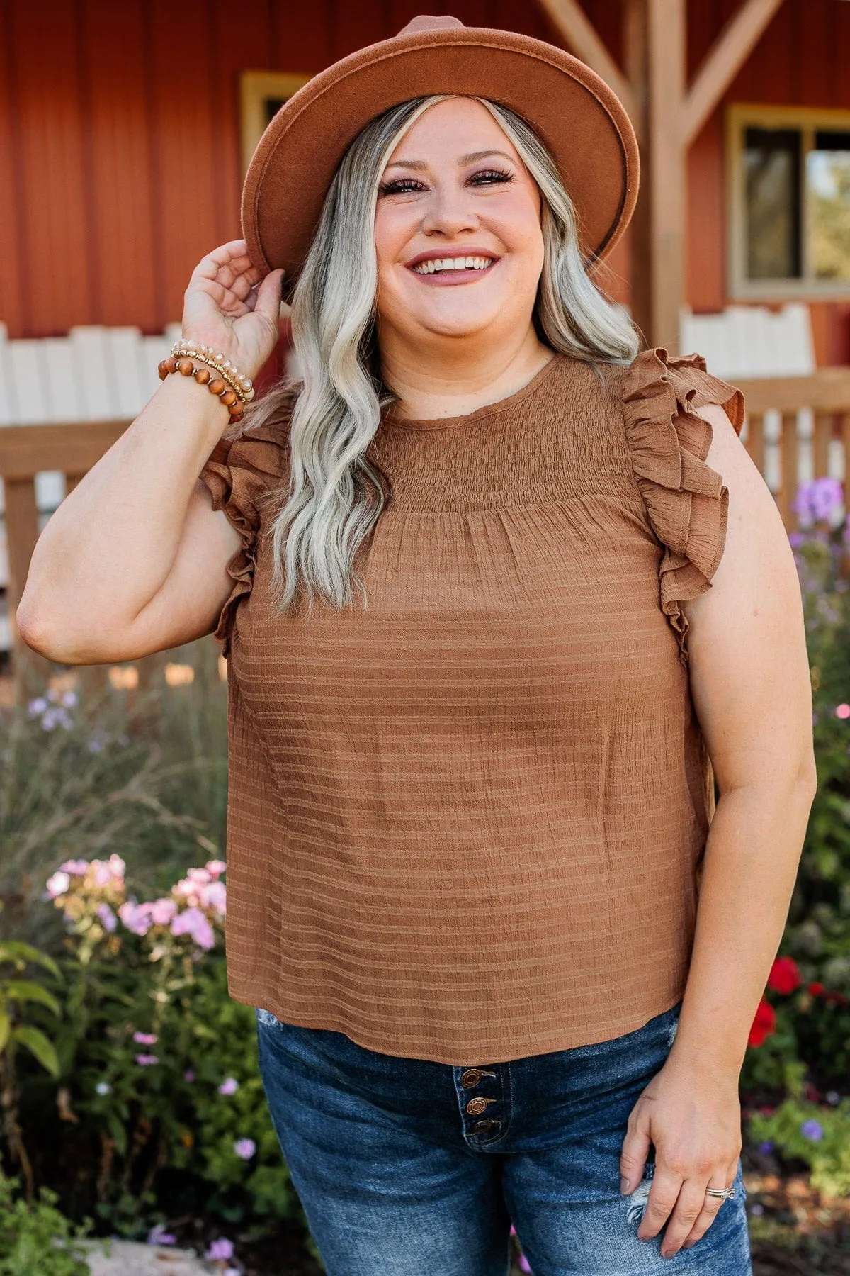Keep On Smiling Flutter Sleeve Blouse- Camel