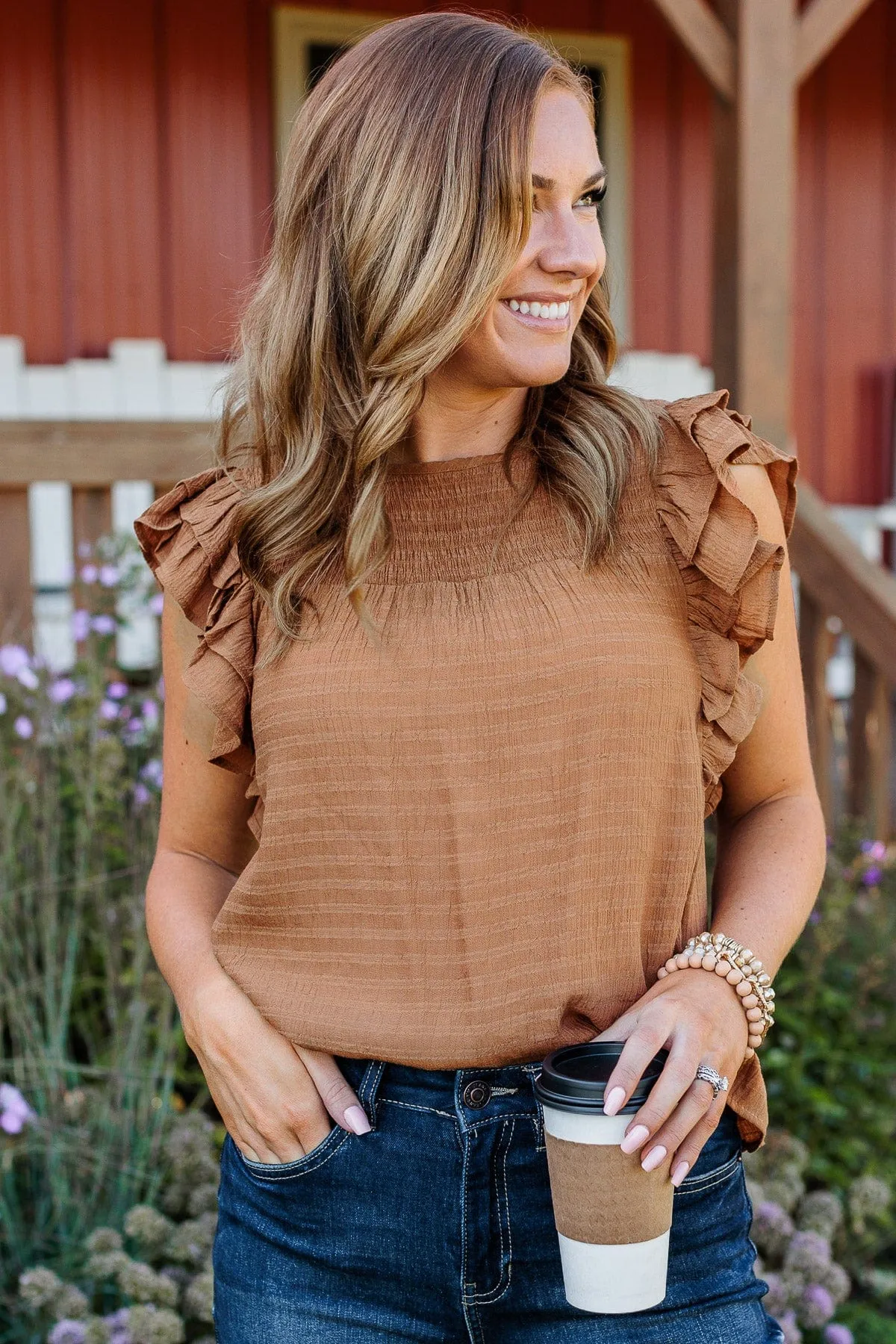 Keep On Smiling Flutter Sleeve Blouse- Camel