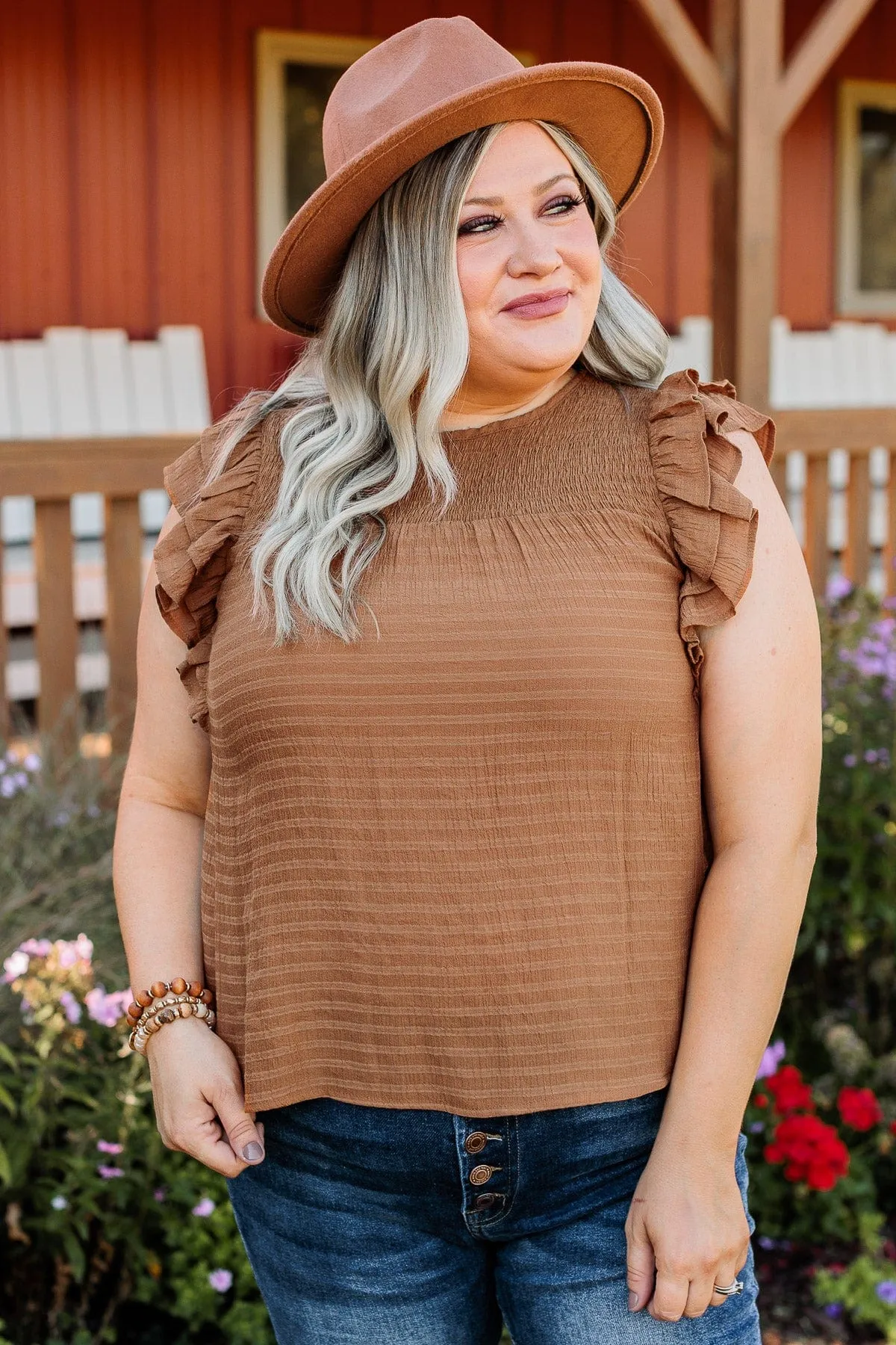 Keep On Smiling Flutter Sleeve Blouse- Camel