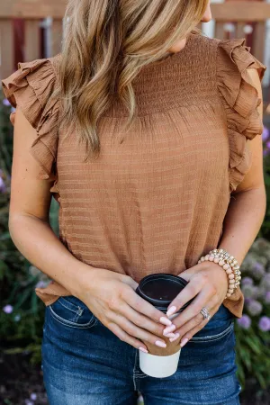 Keep On Smiling Flutter Sleeve Blouse- Camel