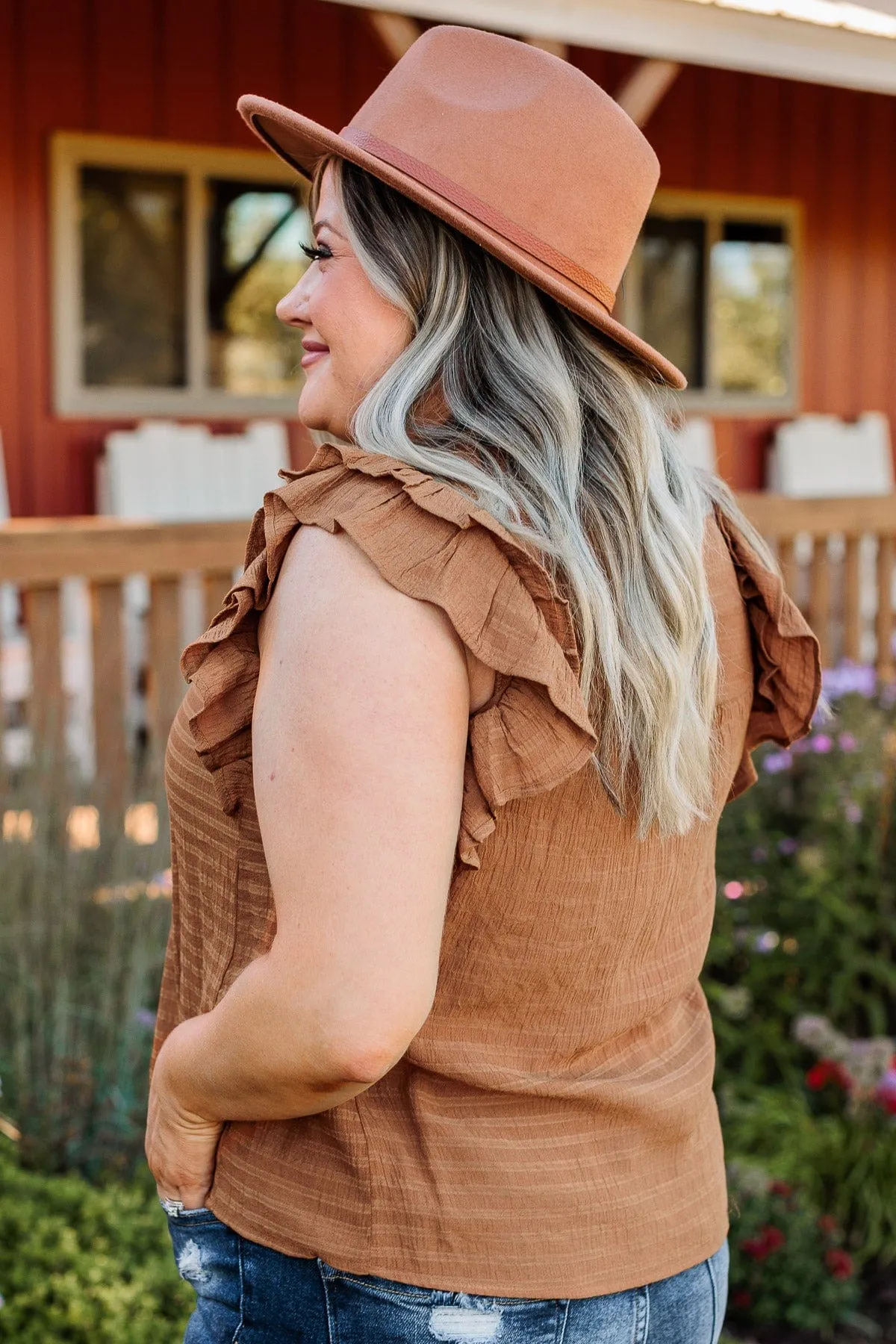 Keep On Smiling Flutter Sleeve Blouse- Camel