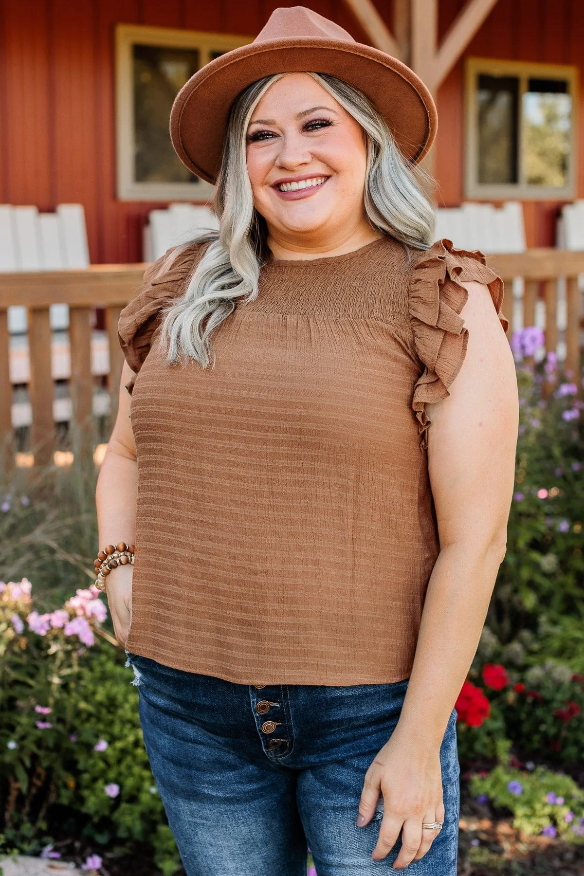 Keep On Smiling Flutter Sleeve Blouse- Camel