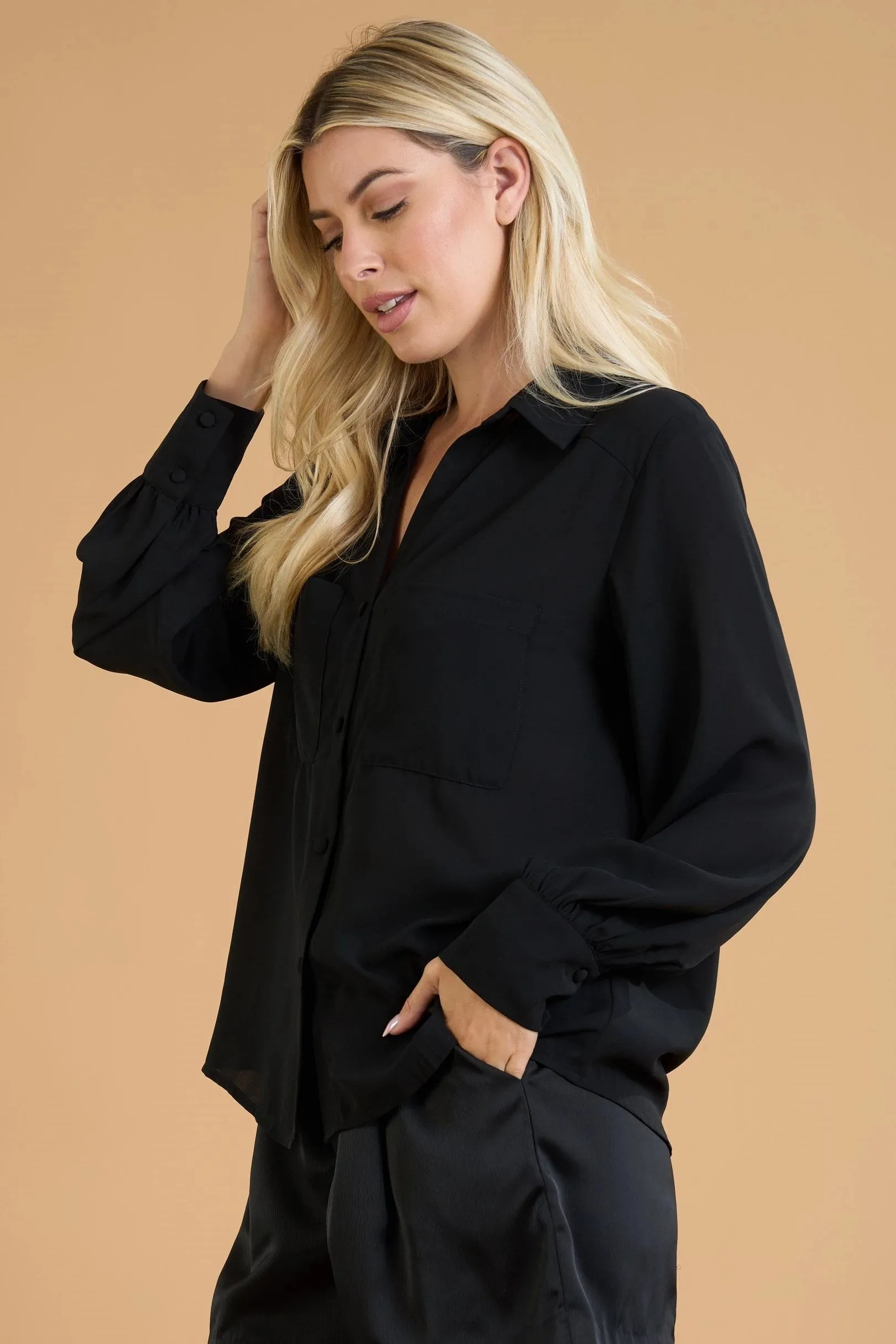 Lapel Collar Black Blouse
