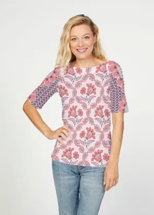 Lattice Floral (7959) ~ Banded Elbow Sleeve Boat Neck Top