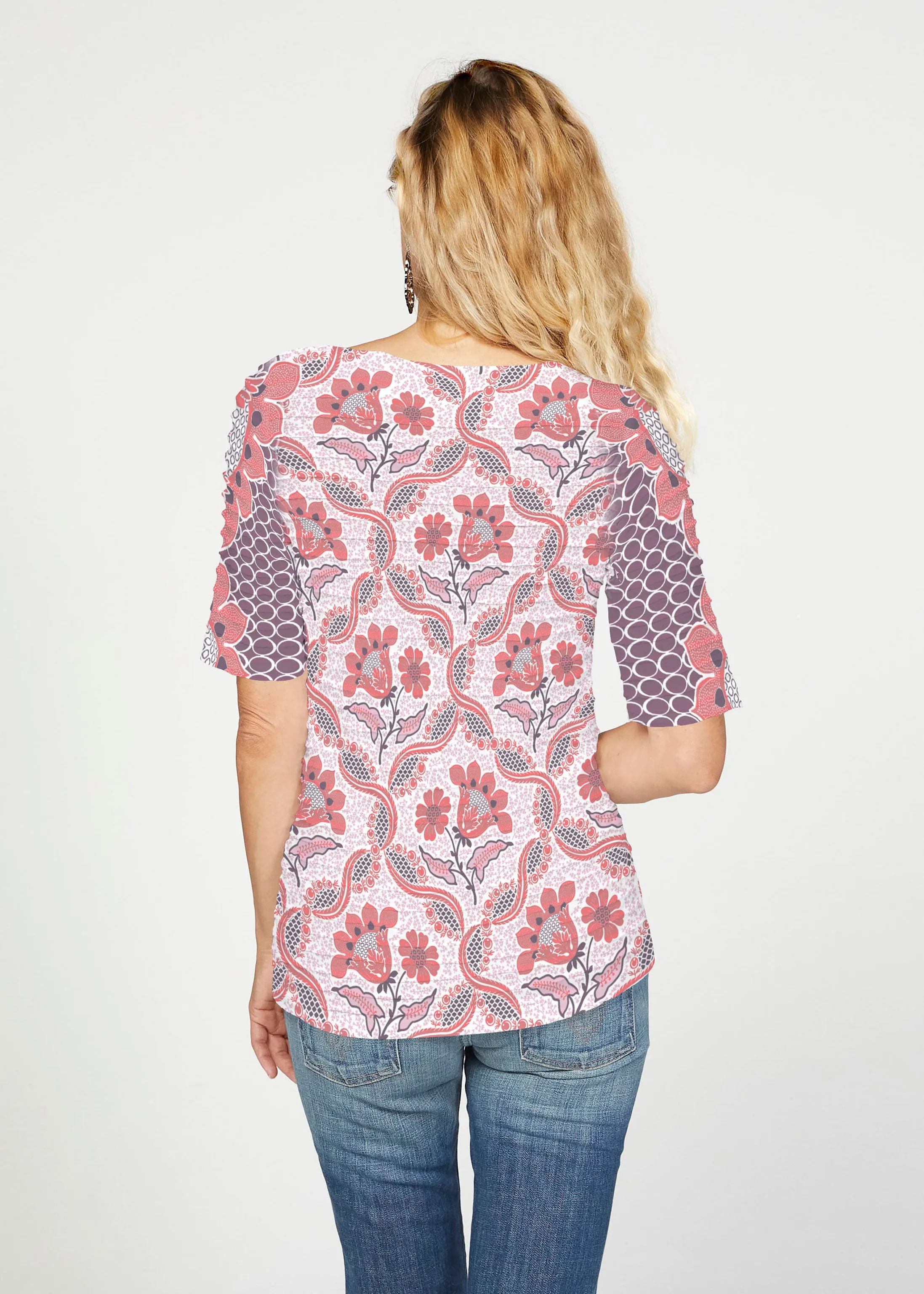 Lattice Floral (7959) ~ Banded Elbow Sleeve Boat Neck Top
