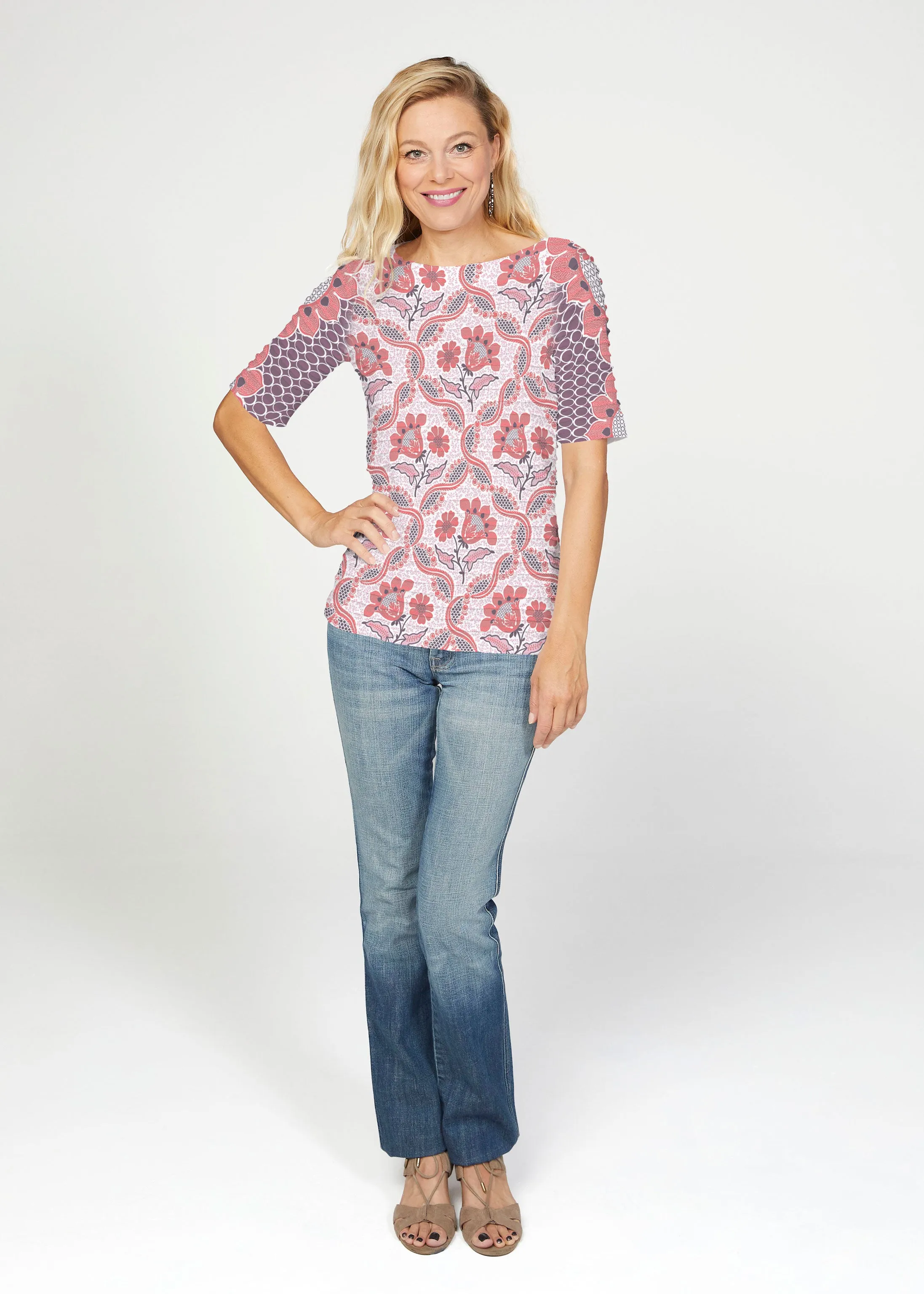 Lattice Floral (7959) ~ Banded Elbow Sleeve Boat Neck Top