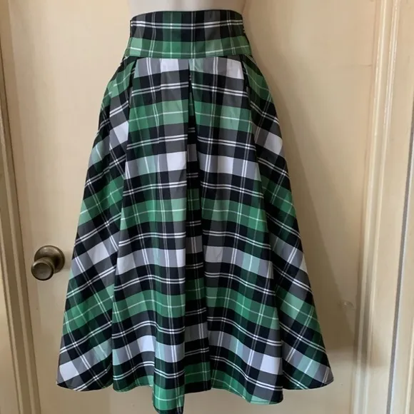 Laura Byrnes green white and black plaid taffeta party skirt size XS