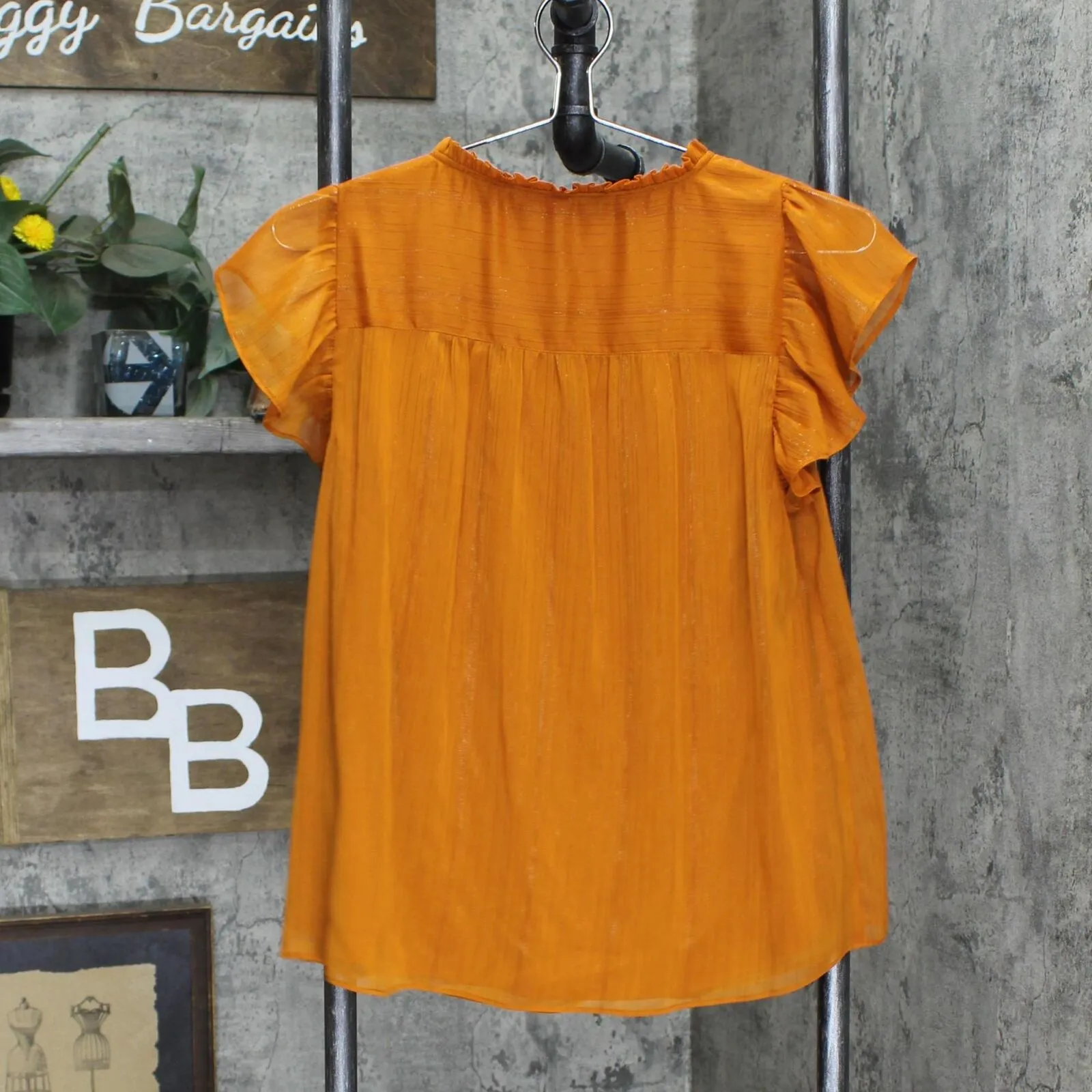 LC Lauren Conrad Short Sleeve Ruffle Neck Shirt Top Tie Front Rust Orange S