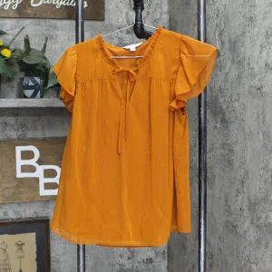 LC Lauren Conrad Short Sleeve Ruffle Neck Shirt Top Tie Front Rust Orange S
