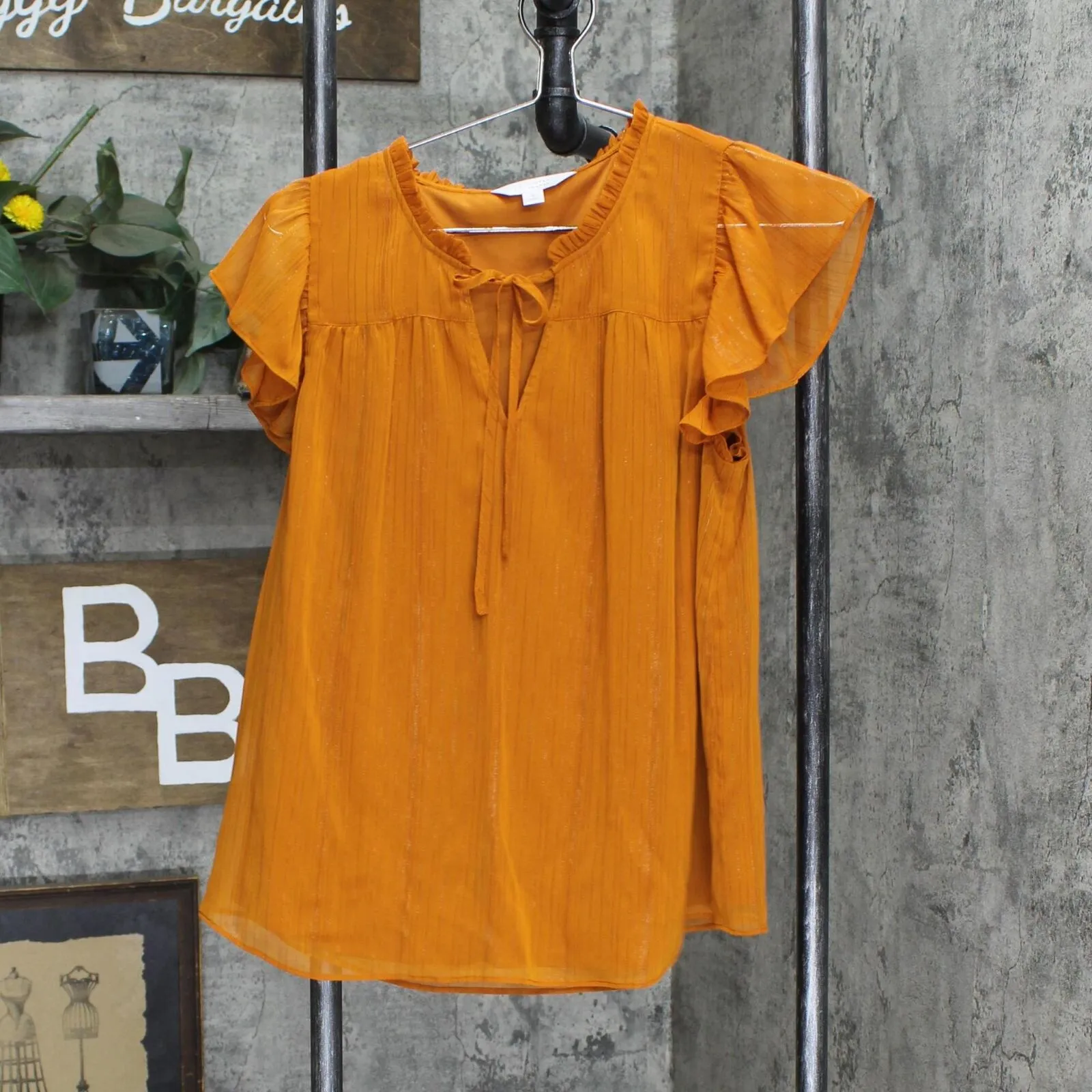 LC Lauren Conrad Short Sleeve Ruffle Neck Shirt Top Tie Front Rust Orange S